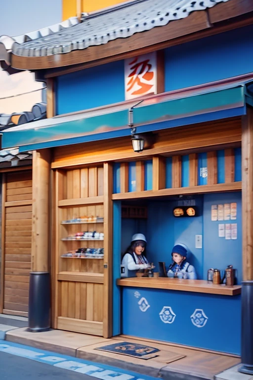 exterior of a japanese type restaurant, de paredes, blancas, toques de madera, y cuadros de anime, idols japonesas, and video game photographs, con mesas de manera y manteles de patrones de cuadros color azul. Bar reception, ventanas grandes que entre el sol