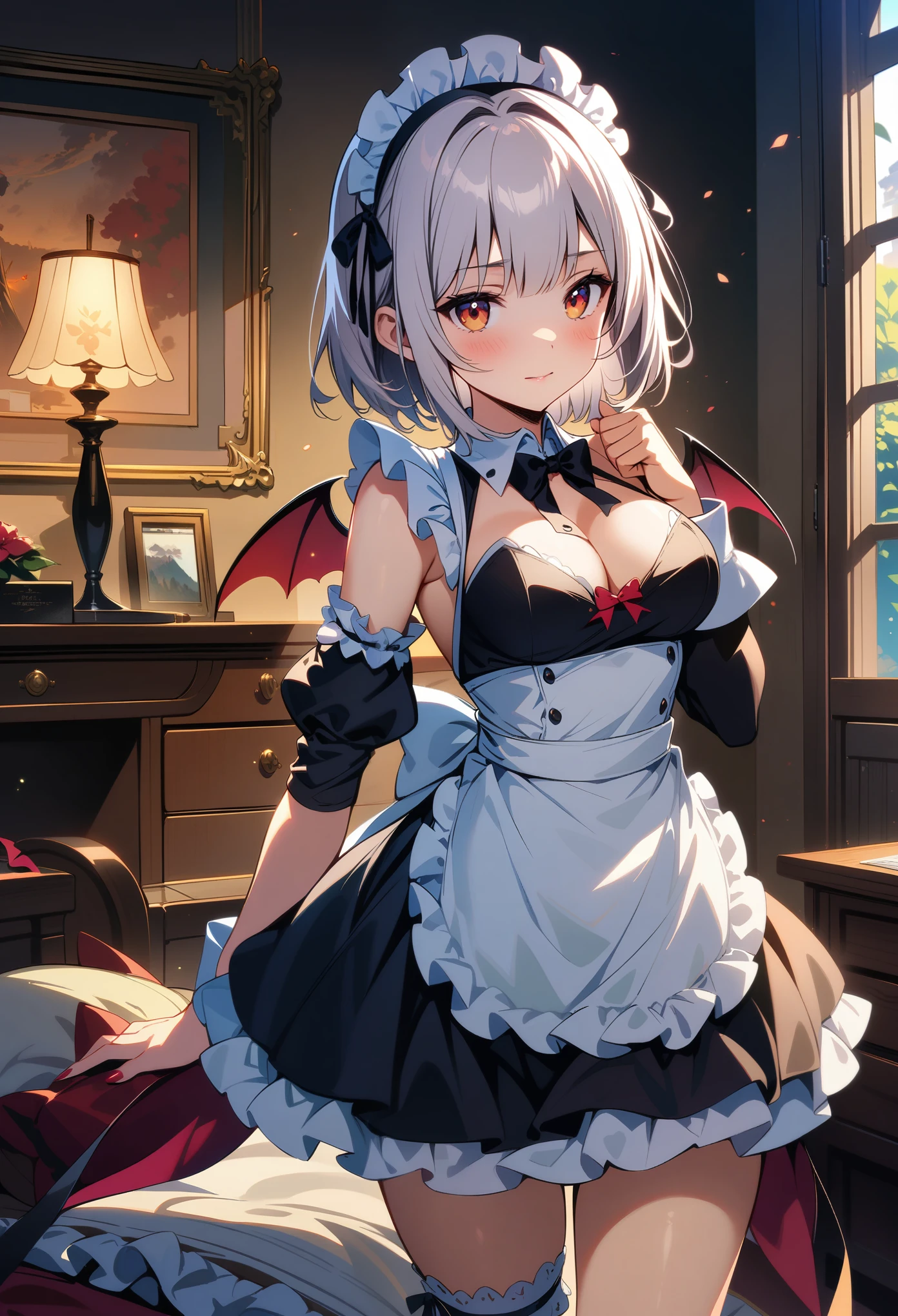 32k, best quality, ultra high res, HDR, UHD, extremely detailed CG, unity 32k wallpaper, bedroom background, (cute succubus), (maid), (1gal), 