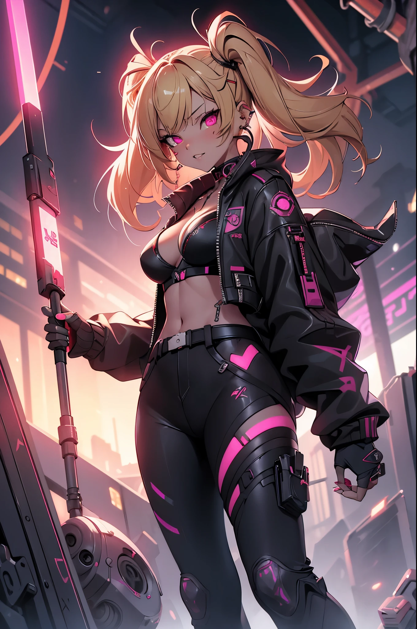 One girl, Rebecca \(cyber punk\), ((full body,Dynamic Angle,Holding a weapon in your hands,Holding a hammer in your hand:1.0)),One Woman,Blonde twisted twin tails, glowing Red eyes,Laugh fearlessly, Leg Tattoos, Neck Tattoo,  Large Breasts, Black bra, String, Red pupils, Leather Fang, Red eyes, Black jacket,cyber punk,cyber cityscape,