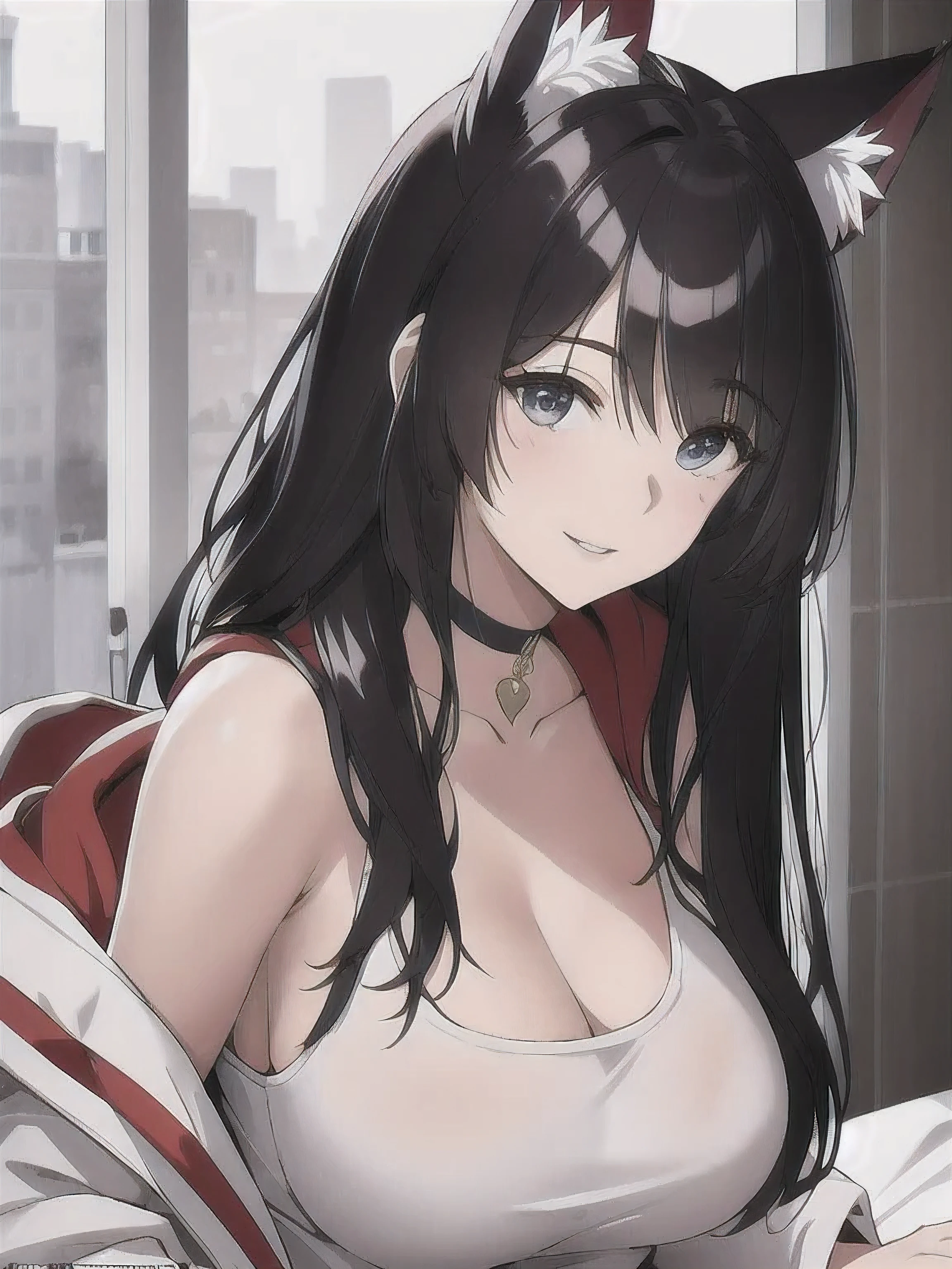 "(best quality, realistic:1.37, ultra-detailed), 1 small girl, beautiful detailed eyes, beautiful detailed lips, long hair flowing over one eye, messy hair with red highlights, cat eyes shining with mischief, a radiant smile on her face, heart-shaped choker adorning her neck, wearing a white color open hoodie, hoodie jacket , sports bra,She sitting confidently, showcasing her wolf ears, with a full figure that exudes elegance and grace, small breast, sitting on the bed,in a building, behind is a glass wall, colourful heir,flat breast