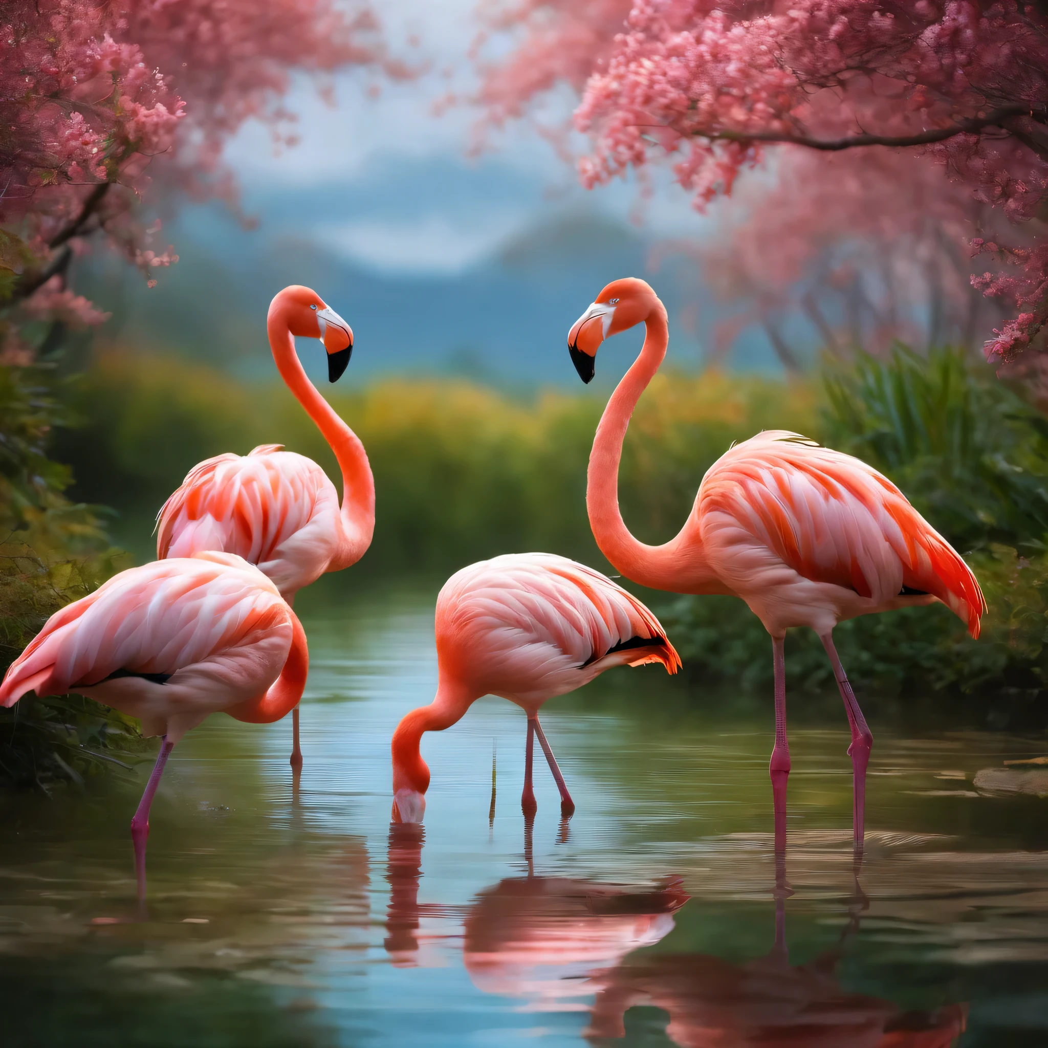 A captivating wildlife photography scene featuring a multitude of flamingos. The transparent water reflects the vibrant sky, creating a mesmerizing blend of colors. Flamingos are scattered across different distances, with some flying gracefully in the sky, while others are wading in the water or standing nearby. A touch of anime-inspired elements is evident in the fluid lines and expressive eyes of the flamingos, adding a whimsical touch to the scene., anime, photo, wildlife photography