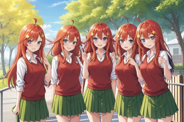 2d, masterpiece, best quality, anime, highly detailed, 5 girl, photo of 5 girl, quintuplets, nakano itsuki, red hair, long hair, star hair ornament, ahoge, red sweater, collared shirt, green skirt, miniskirt, large breasts, standing, school, outdoors, smile