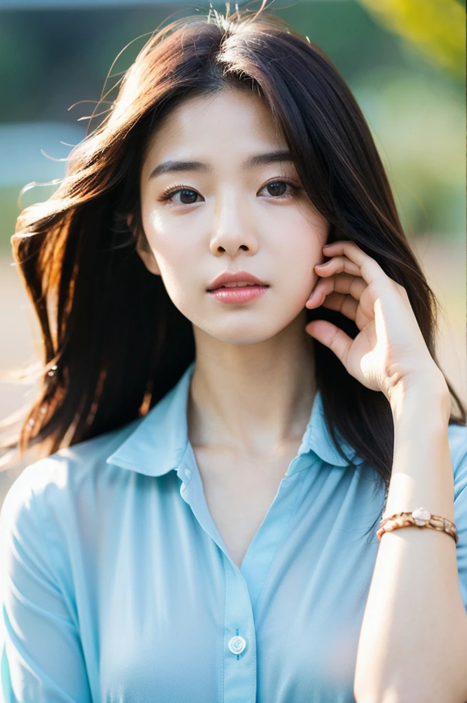 Cinematic Photo of a beautiful korean fashion model bokeh train