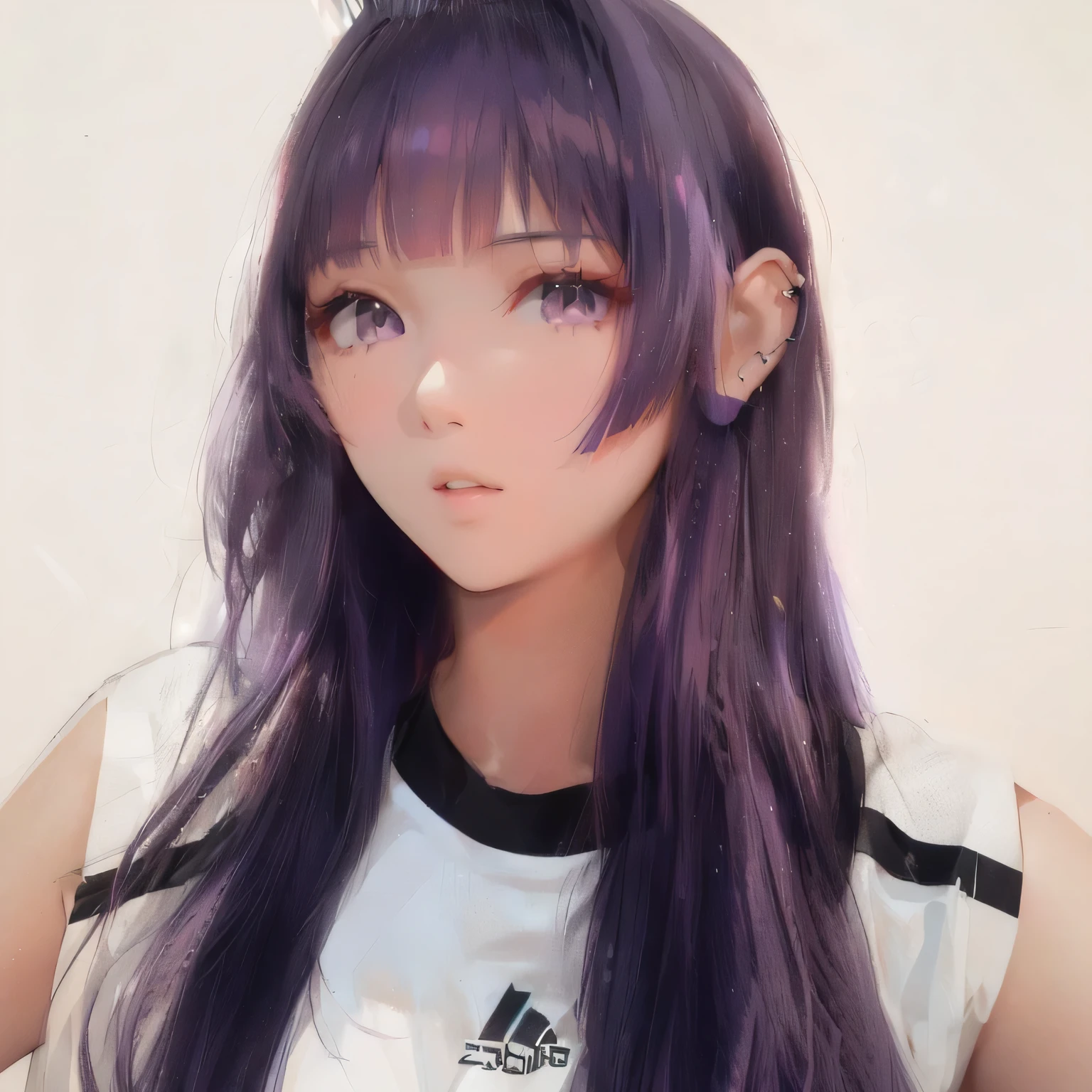 Alafid (Arafed) An Asian woman with long purple hair and a white shirt, Ji Qie, neat hair With bangs, blackpink josie's portrait, Larissa Manobar, Ulzan, Chiho, With bangs, Qi bangs, Double ponytail hairstyle, black hime cut hair, Blackpink’s Larissa Manoban, tzuyu from times