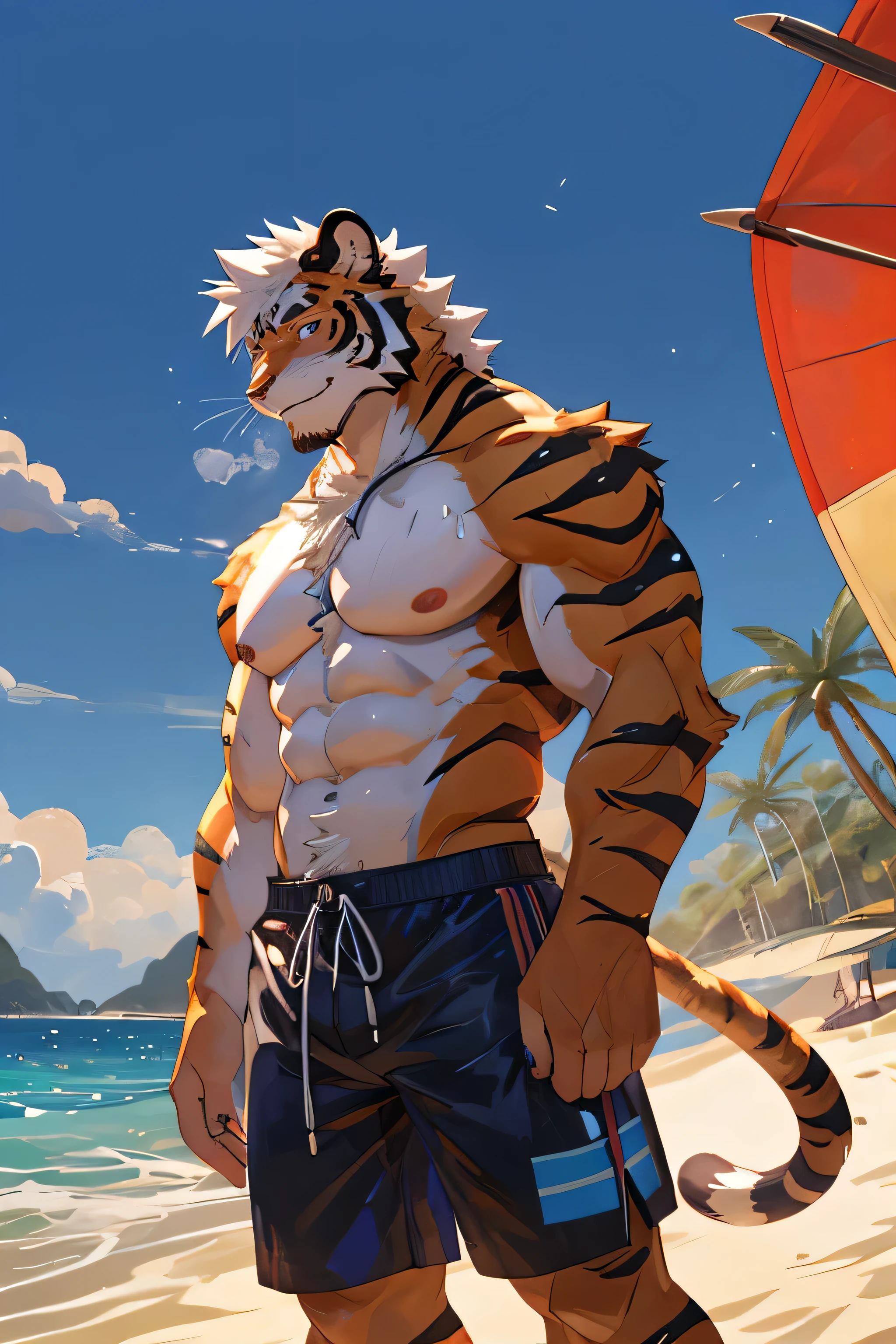 watercolor，Ukiyo-e Art，daytime，sunshine，etching，Natural Lighting，Kyoto Animation，(((Beach)))，male，juvenile，(((furry)))，tiger，Black eyes，Strong body，Close-up of face，(((Full body portrait)))，High purity shades，High Detail，high quality，(((Naked)))，(((Black swimming trunks)))，(((nude)))，Bright，Octane Rendering，((There is only one person))，Blur，midsummer，White hair，(((blush)))，(((Stimulate)))，comfortable，pleasure，(((respite)))，(((Large male features)))，Tempting，(((Sweating)))，((((seaside))))，((((No clothes))))