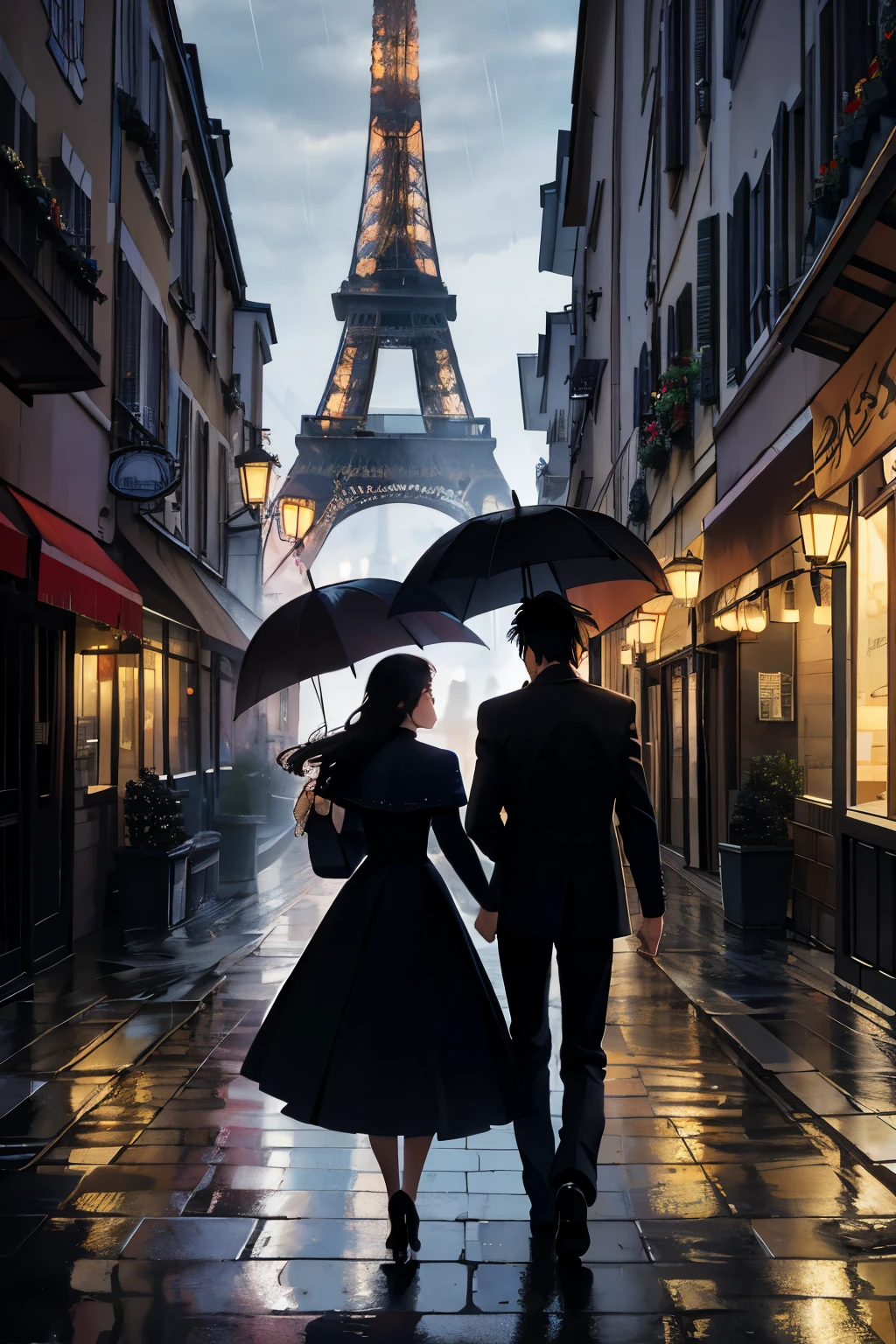 In the twilight of a Parisian autumn evening, a romantic couple is depicted in silhouette, walking away from the viewer, leaving a trail of memories behind. They share an umbrella, shielding themselves from the gentle patter of rain drops, against the backdrop of a classic French cafe. The vibrant colors of the acrylic painting bring the scene to life, with the glow of the cafe's lights casting an amber hue over the narrow cobbled street. The iconic Eiffel Tower, silhouetted against the sky, stands tall and proud, adorned with a shimmering veil of rain. This beautiful, detailed image, filled with warmth and emotion
