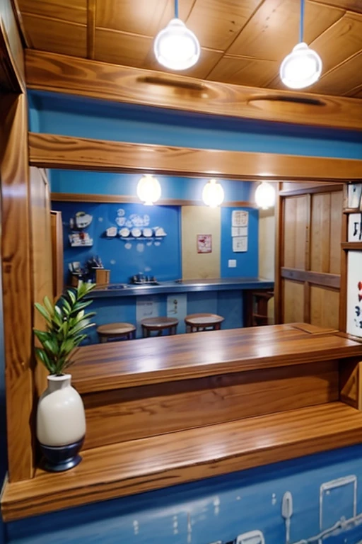 nterior of a Japanese type restaurant, de paredes, blancas, toques de madera, y cuadros de anime, idols japonesas, and video game photographs, con mesas de manera y manteles de patrones de cuadros color azul. Bar reception, ventanas grandes que entre el sol