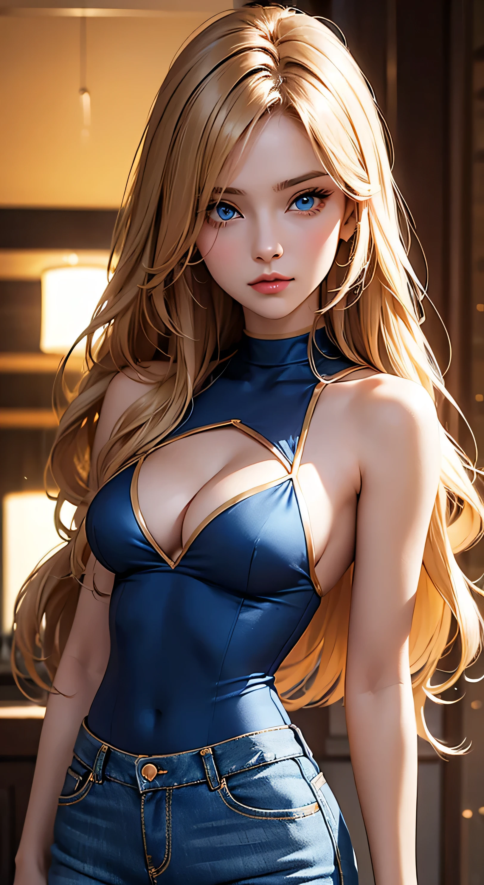 russian beautiful girl in golden and dark blue designing top and small cleavage line, medium ??????, beautiful blue eyes, blue jeggings, puffy , medium , tooo hot, attractive