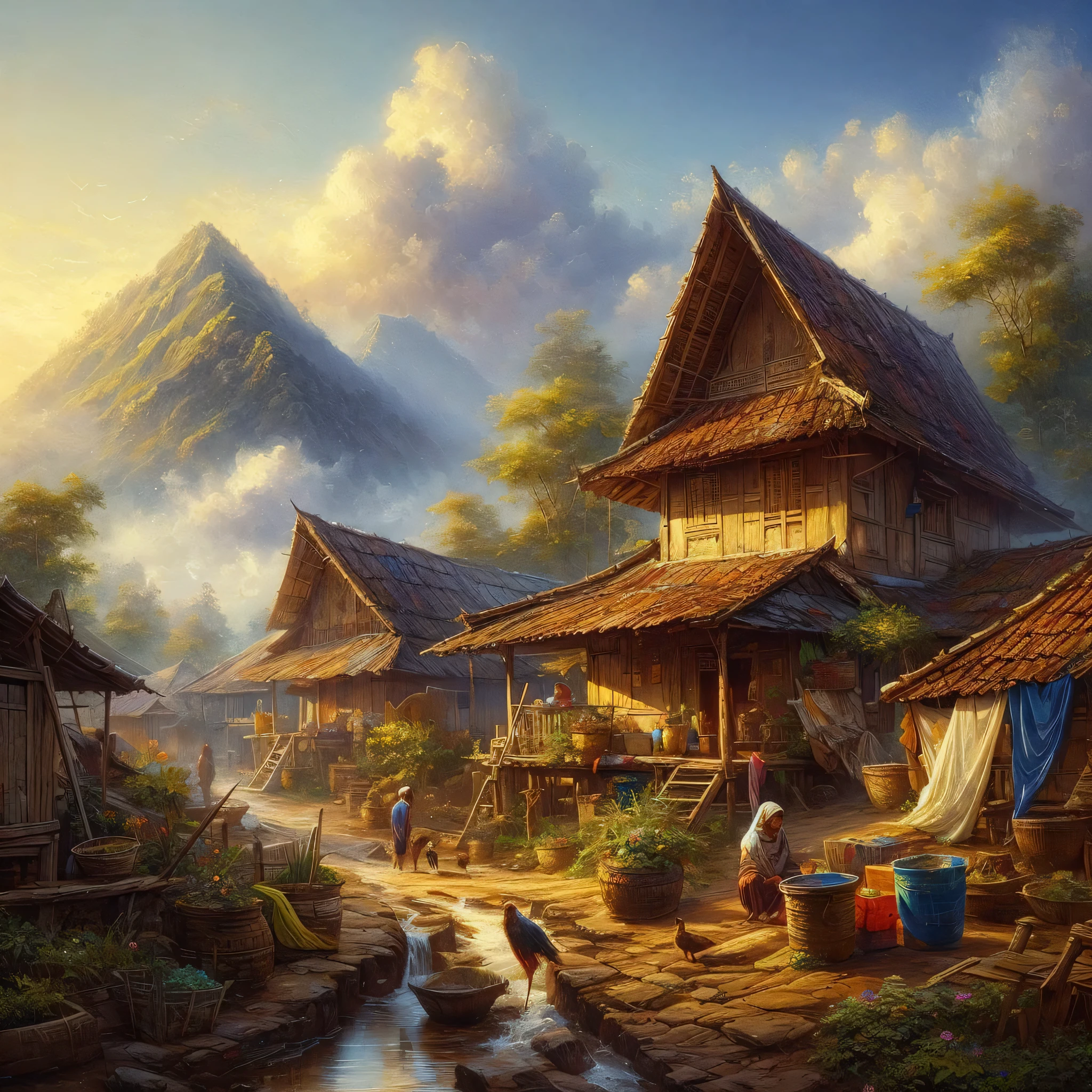 Oil on canvas, painting of a scene, rural home in Indonesian Village