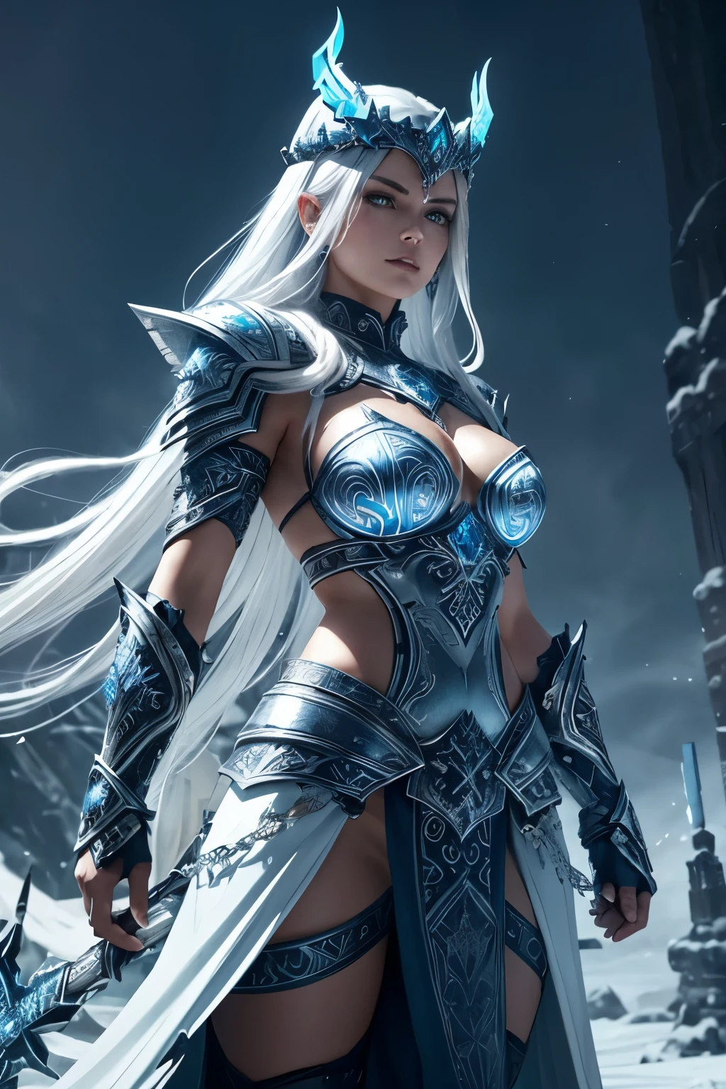 An imposing creature rises before you, her formidable presence commanding respect and fear. Clad in armor of impeccable blue and white, the intricate details of the armor glisten under the ethereal light. Nordic symbols and frosty runes etched upon its surface add an air of ancient wisdom and mystique. Icy flames dance through her long, white hair, making every strand appear as if it were touched by the frost itself. A headdress, a fusion of modern metals and ancient relics, sits atop her head, its helm-like design radiating an aura of coldness and unyielding power. Her weapons, a mix of futur