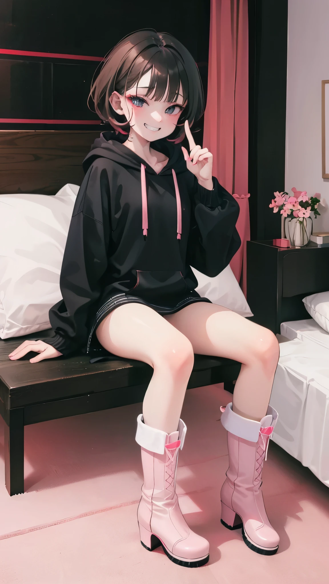 ultra-detailed , best quality, high resolution, master piece ,beautiful eyes, cute、(((( grin))))、lovehotel、(pink room),((sit on the bed)),
black and White hoodie、Red and black hoodie、White hoodie、((black platform boots))、perfect finger、(((boots focus))),
Brown Hair、Black Hair、Black Hairロング、black eye,