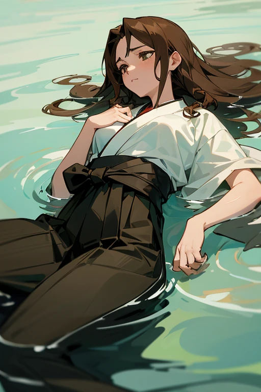 adult white girl lies on her back in light green water, with shoulder length brown curly hair, Brown eyes, tiredness on the face, wearing a black kosode and hakama. water in the background, Anime-style drawing "BLEACH"
