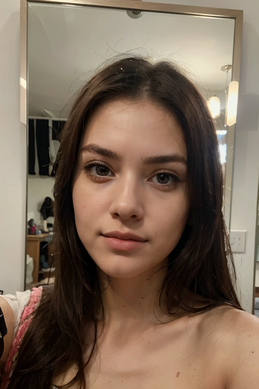 ((best quality)), ((masterpiece)), (detailed), perfect face, Ultra high resolution, Photorealistic:1.4, UHD, Very realistic, very beautiful, girl, taking a selfie in the mirror, realistic skin, full growth,
