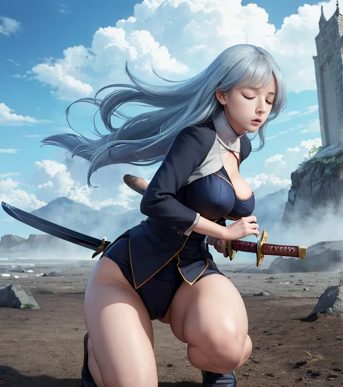 masterpiece, 最high quality, high quality, Outdoor, (suit), ( Holds a sword)、The wind whirls around my body、Sword without sheath術、Bend your body、A whirlwind rages,Hair blowing in the wind、Dynamic Angle,Lower your hips deeply、Wind effects,Squat down until your knees touch the ground、(Juhetang,Sword without sheath),close your eyes,wind magic,Dynamic Angle,((Speed that runs through the air,A hemispherical pale aura rising from the ground)),、Camel Toe、Giant tit、Nipple Puffs、Cleavage、Plump、Super big breasts、Super big butt、Draw your sword