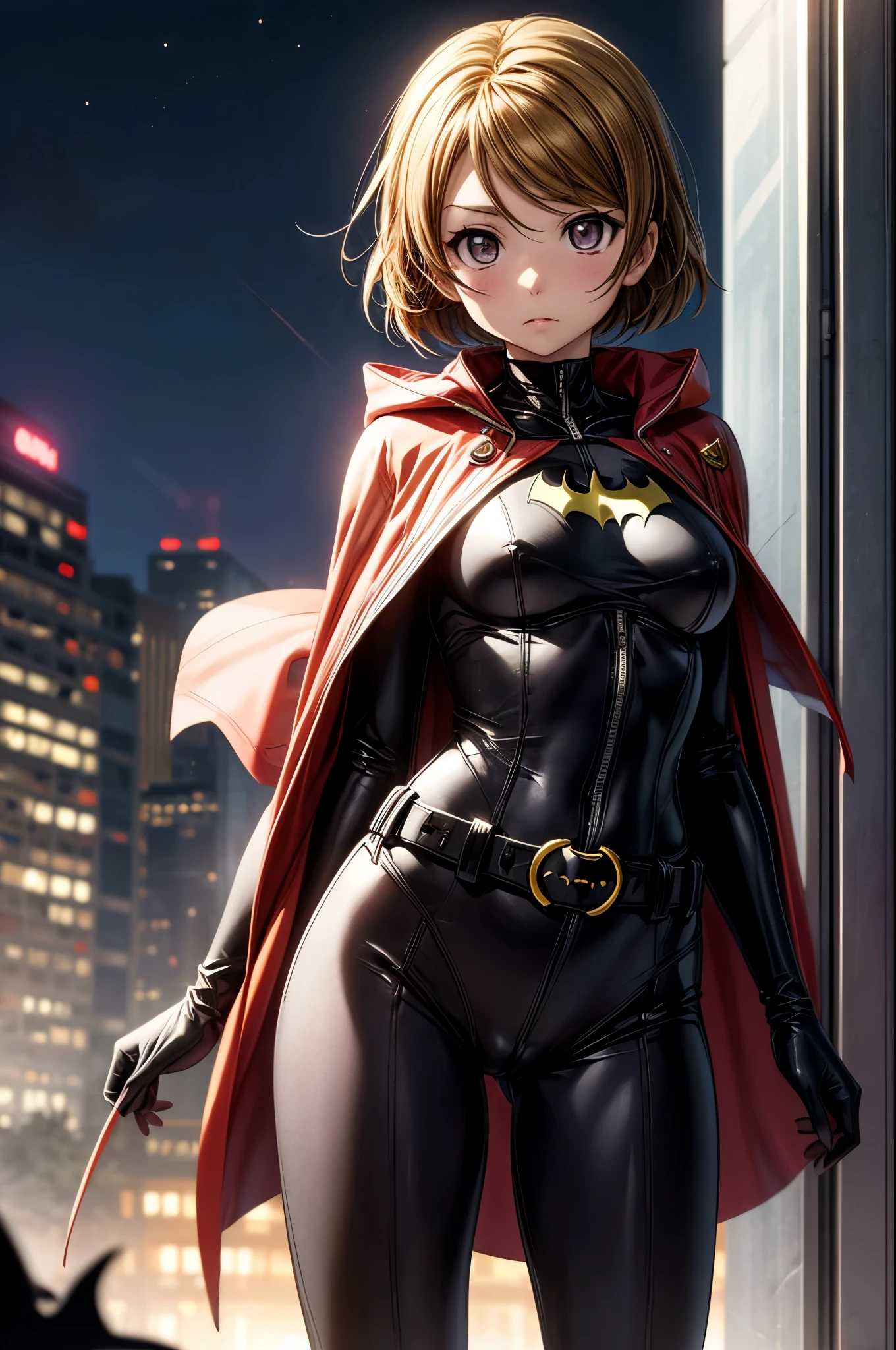 koizumi hanayo, (tight bodysuit:1.2), batman custom , standing , cowboy shot,belt, cape