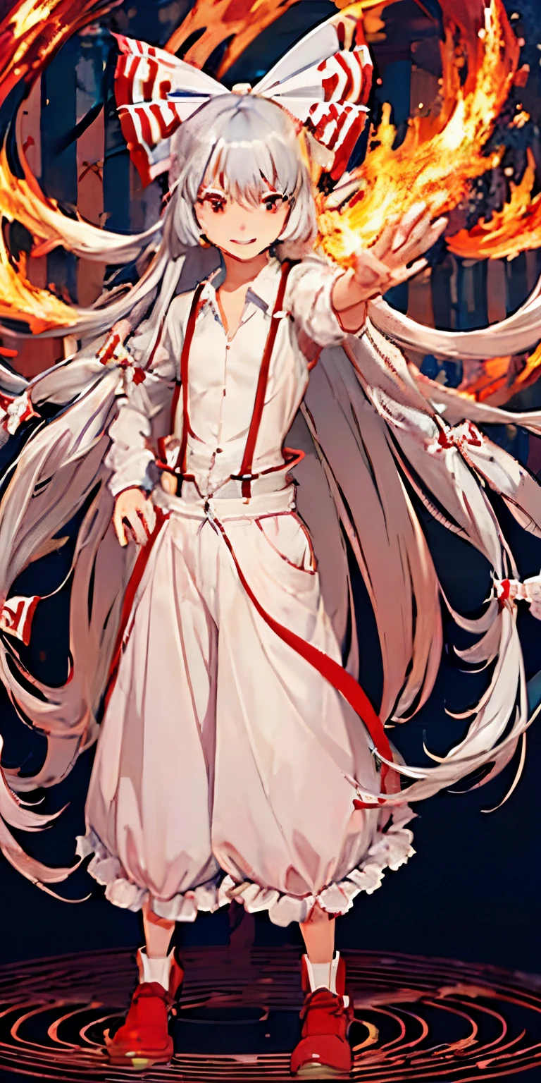 (masterpiece, best quality:1.3), (full body:1.3), Fujiwara no Mokou, Touhou Series, perfect face, expressive eyes, 1 girl, looking at viewer, 16 years old, beautiful, anime, lora, silver hair, long hair