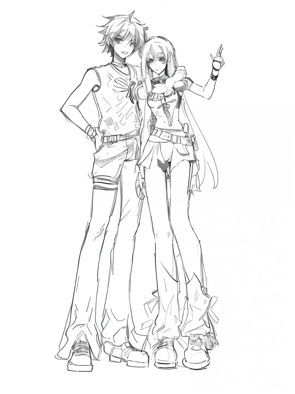 A man and a woman,Anime Characters,whole body,Exquisite black and white lines,best quality,Pretty face,Sports Tops,Very big breasts,Scissorhands,The boy holds the girl's shoulder,Akimbo,Short shorts,Stockings,Long hair,leather shoes,Butterfly underwear,belt