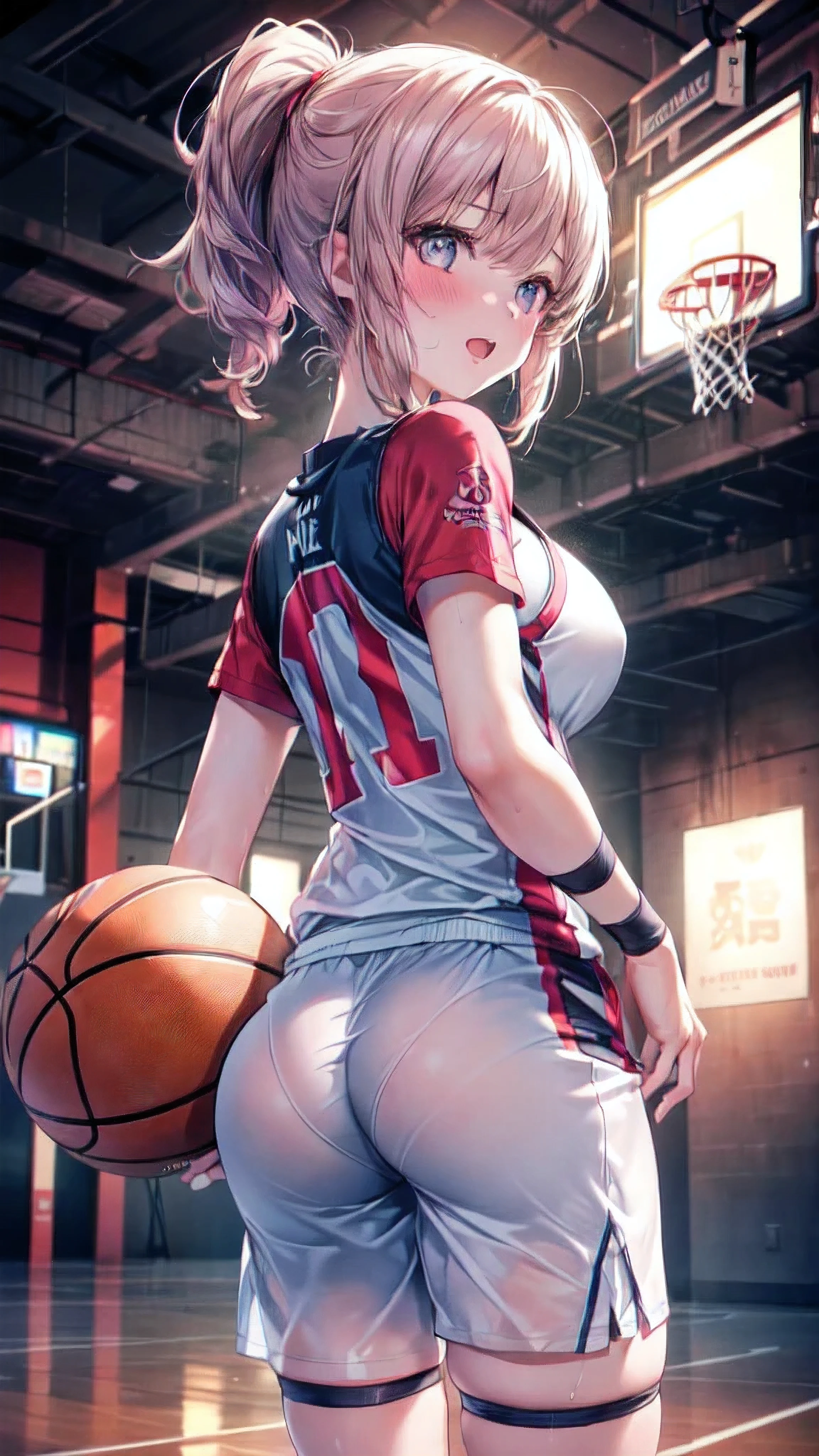 (Ultra-high resolution of the highest quality, masutepiece, Best Quality, 8K, Super Detail, Best Quality:1.3), (1 girl:2), (slender body:1.4), (basketball uniform:1.4), (see through:1.2), (large breasts:1.5), (light pink bra:1.1), glasses, (blush cheek:1.4), (orgasm:1.4), Extremely cute, amazing face and eyes beautiful nice smile), (extremely detailed beautiful face), bright and shiny lips, (Hyper-realistic, Photorealsitic:1.37), Authentic skin texture, intricate-detail, extremely detailed CG unified 8k wallpaper, RAW Photos, professional photograpy, Cinematic lighting, Exposing, (from behind:1.6)