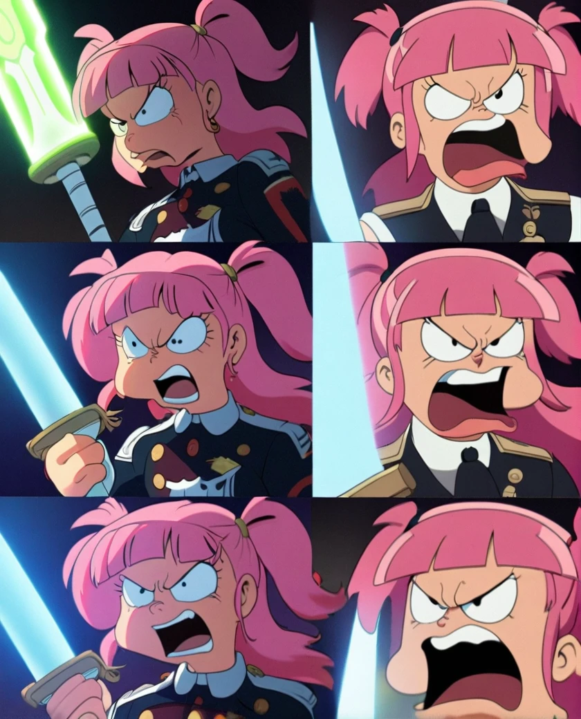 1men, pink hair, Pia bangs two side up, General Uniform, large white sword, Angry and Rage, muscle body, multimedia illuminate, Style of Futurama 