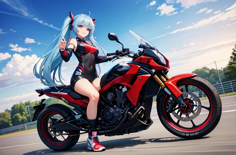 highest quality， dynamic mode、masterpiece， Ultra-high resolution， Realistic， 1 girl，（Light blue long hair　Twin tails），Iris，（smile）（Riding a race motorcycle），（Ride Kits），Red Motorcycle，Speeding、Wide-angle、Large in the center