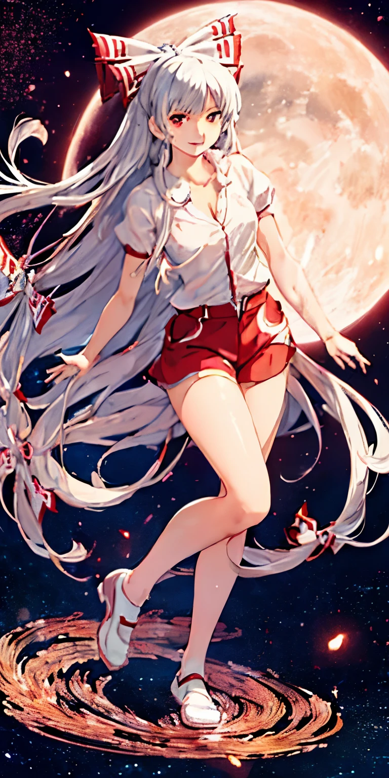 (masterpiece, best quality:1.3), (full body:1.3), Fujiwara no Mokou, Touhou Series, perfect face, expressive eyes, 1 girl, looking at viewer, 16 years old, beautiful, anime, lora, silver hair, long hair