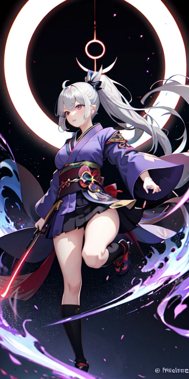 One girl, kimono, ponytail ,Gray Hair, Purple eyes, magic circle, Blue Fire, Blue Flame, wallpaper, landscape, Blood, Blood splatter, Depth of written boundary, night, Particles of light, light, Side light, Thighs, destiny \(series\), Genshin Impact, ****, Open jacket, skirt, Knee socks, cloud,Large Breasts
