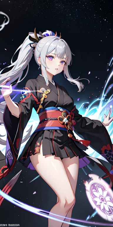One girl, kimono, ponytail ,Gray Hair, Purple eyes, magic circle, Blue Fire, Blue Flame, wallpaper, landscape, Blood, Blood splatter, Depth of written boundary, night, Particles of light, light, Side light, Thighs, destiny \(series\), Genshin Impact, ****, Open jacket, skirt, Knee socks, cloud,Large Breasts