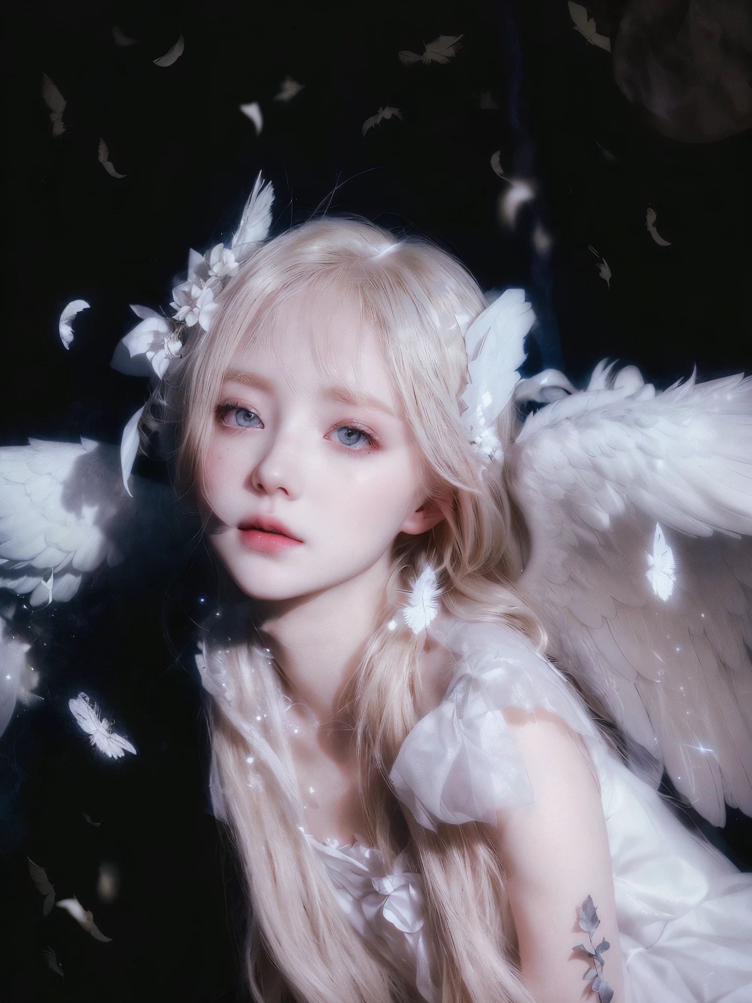 blond haired girl with white wings and a white dress, fairycore, of an beautiful angel girl, pale young ghost girl, ethereal fairytale, pale porcelain white skin, angelic and unsettling, beautiful angel, fairy aesthetics, pale fair skin!!, young wan angel, ethereal wings, angelic face, lalisa manobal, of beautiful angel, porcelain pale skin