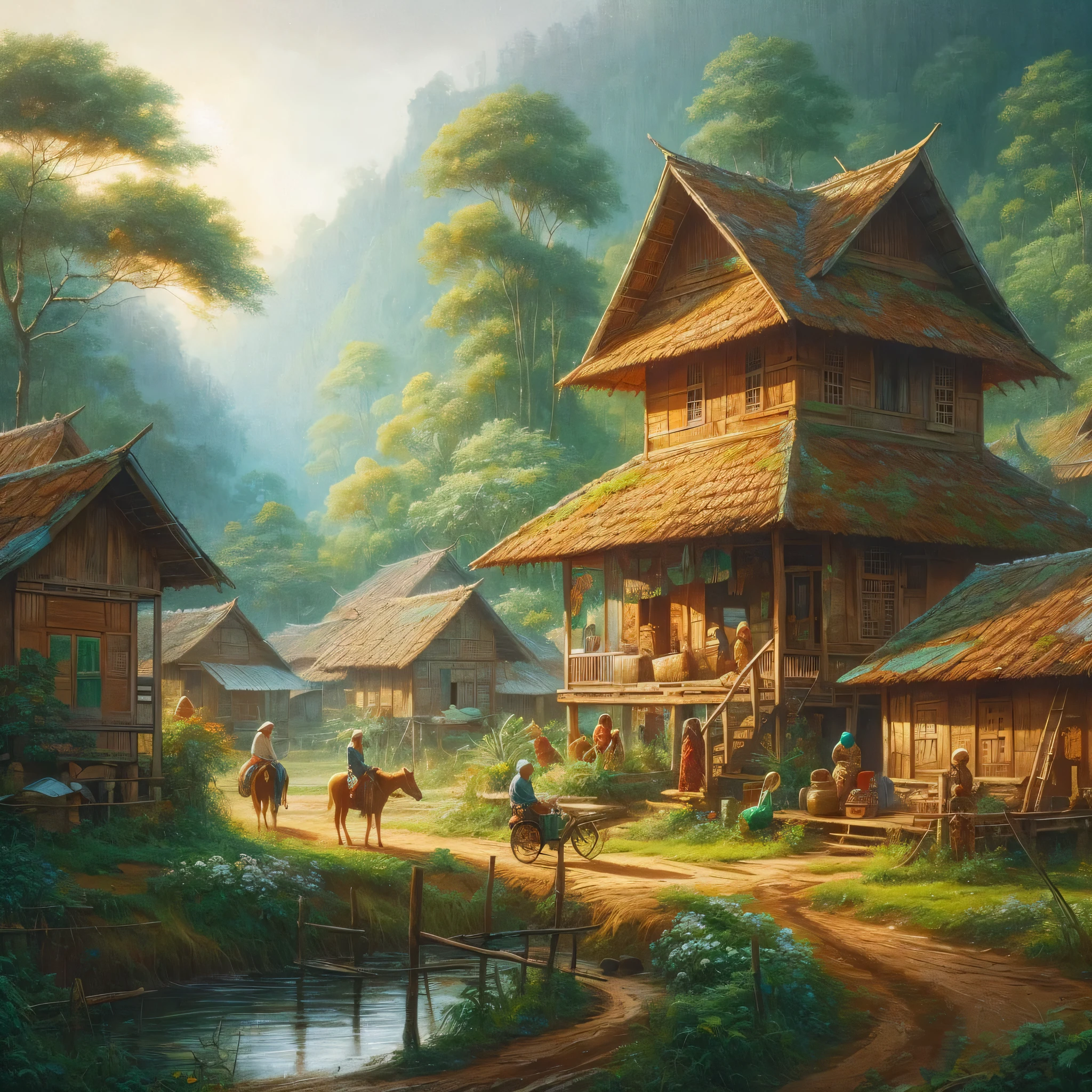 Oil on canvas, painting of a scene, rural home in Indonesian  Village