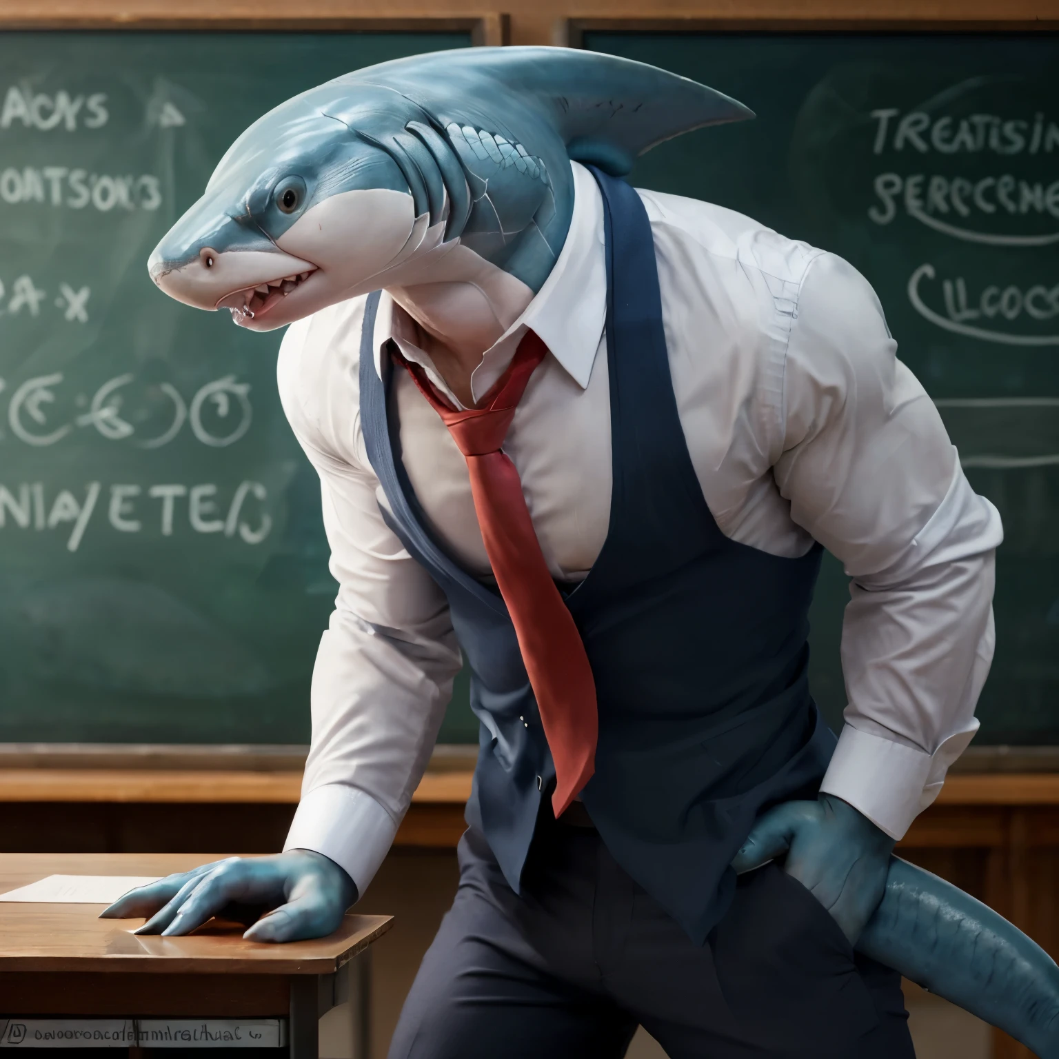 Muscular shark teacher, anthro, finless shark, 4 fingers, muscular build, whit glasses, aqua blue eyes, red tie, dress shirt, black pants, detailed scales, sharp teeth, bespectacled, leaning against a chalkboard, intense gaze, classroom background, high resolution, by ArtificialIntellect, by BlueOceanPeak, by ScaledPerspective, dramatic lighting, serious expression, determined, educational setting, intricate details.