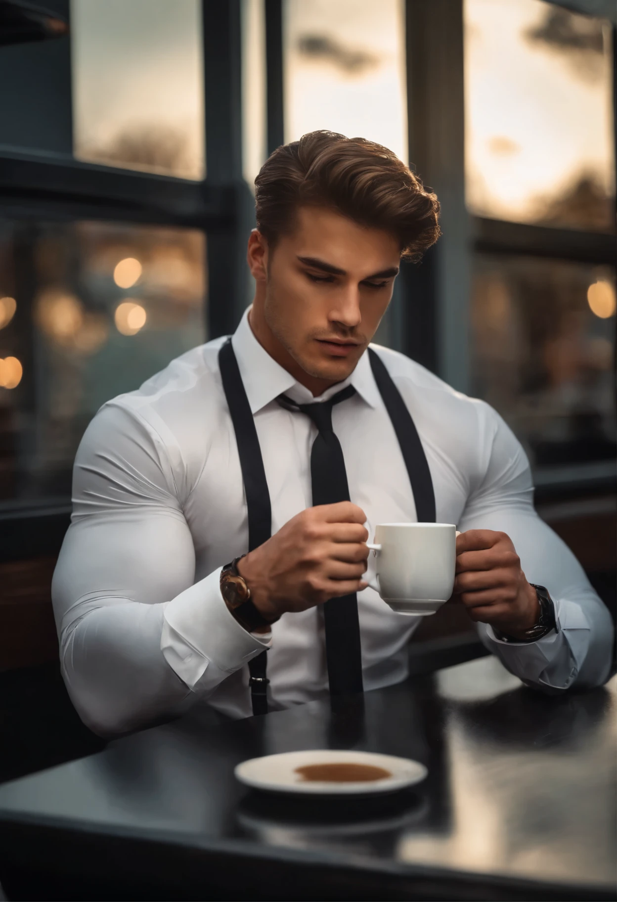 1man, 
a 20 y.o muscular male wearing long-sleeve white shirt and tie, drinking coffee,
soft lighting, 
masterpiece, best quality, 8k uhd, dslr, film grain, Fujifilm XT3 photorealistic painting art by midjourney and greg rutkowski