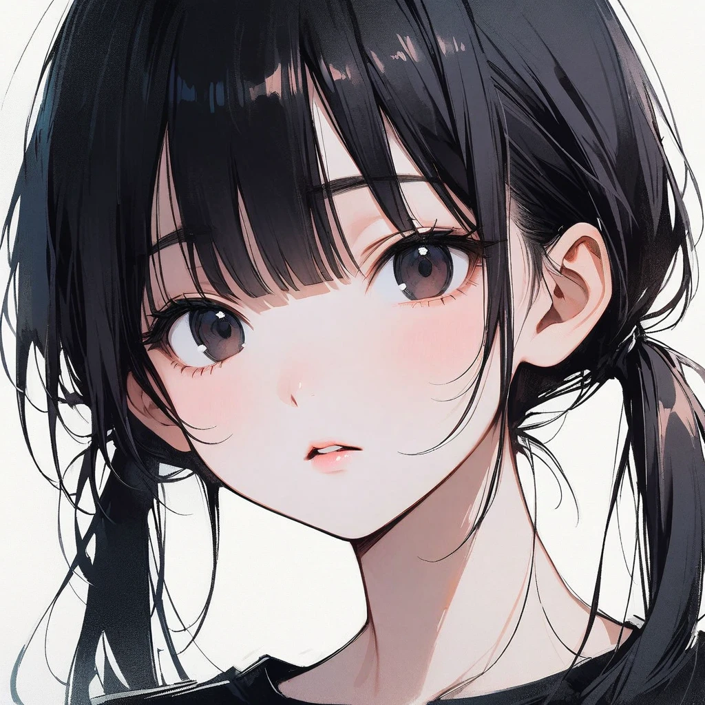 Pigtails, slim, pale, pure, simple, white background, face close-up, black hair, black eyes, straight bangs, asian eyes, slanted eyes, small eyes