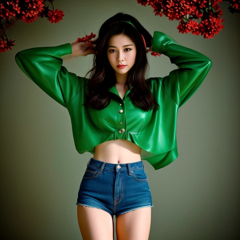 "Beautiful young woman, 30 years old, His long hair flowed up.,) bright dark green leather jacket,) Floating waist, abdomen moist, shiny, perfect and strong.,) ,sexy denim shorts,) Album cover art by Yang J, Social trend CG, Beautiful cowboy, cowgirl, western cowgirl, There are red flowers around.,Pearl hut from a dilapidated old place,) best quality, 10, height:1.2), 8K Special Details, (realistic:1.37), Portrait, Full body, Posing from different angles,, bright colors, Warm light, shot with a high quality camera 45,000,000,000,Pixels,