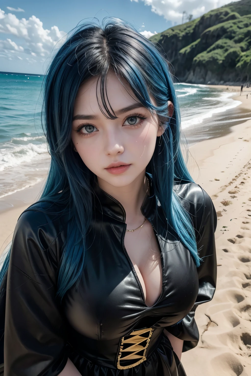 Hot girl, blue hair, yellow eyes, in the beach, wearing a black wedding outfit