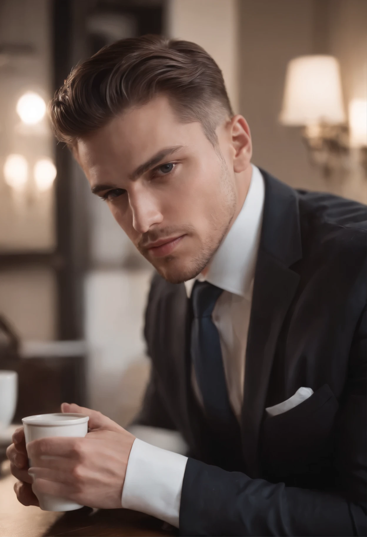 1man, 
a 20 y.o muscular male wearing long-sleeve white shirt and tie, drinking coffee,
soft lighting, 
masterpiece, best quality, 8k uhd, dslr, film grain, Fujifilm XT3 photorealistic painting art by midjourney and greg rutkowski