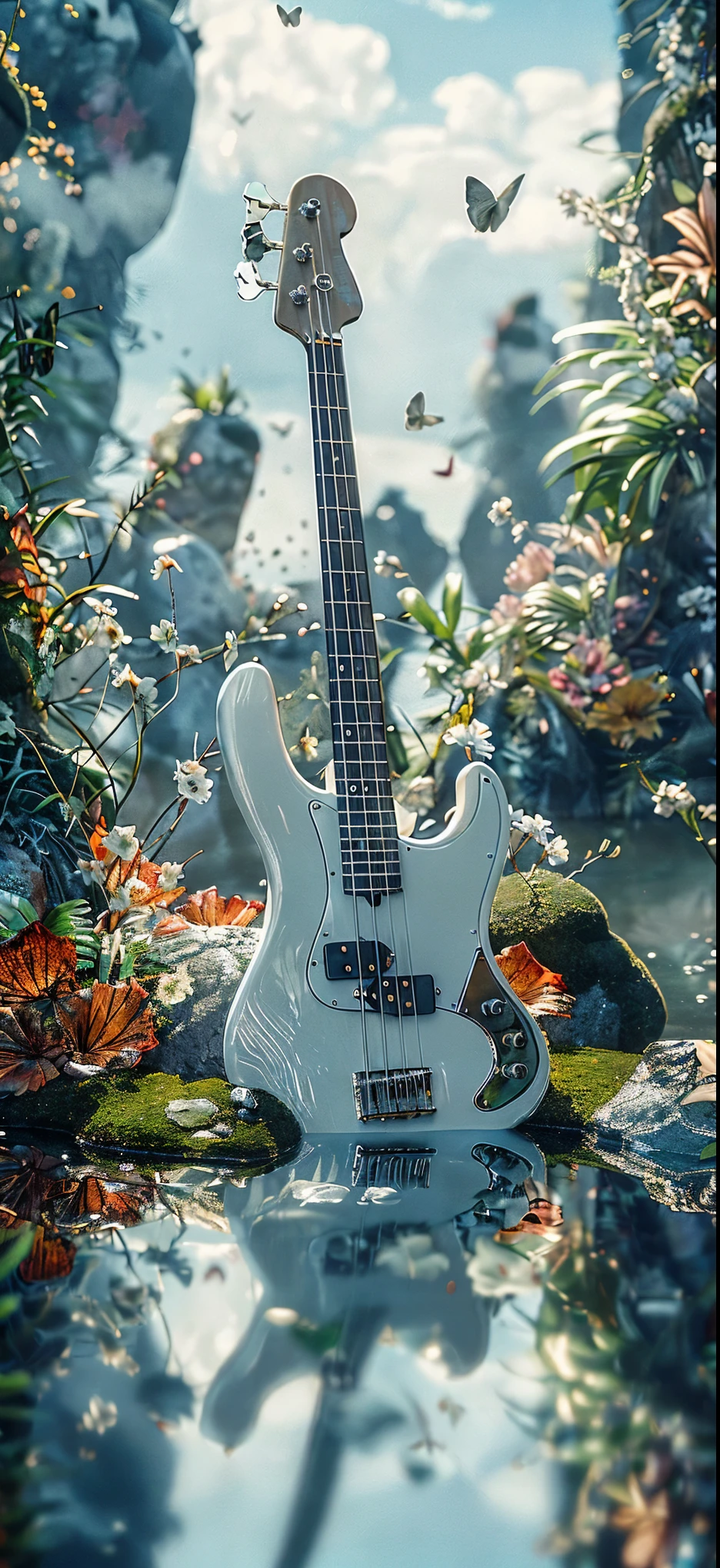((masterpiece)), ((best quality)), 8k, A white guitar is placed on a rock in the water, Ultra-detailed rendering, Philip Hodas's Artistic Style, Alexey Yegorov, Highly detailed rendering, Highly detailed composition, Hyper-realistic rendering details, Extremely detailed fantasies, Detailed portrait, realistic fantasy rendering, fantasy style 8 k octane render, 🌺 CG society, Very very high detailed
