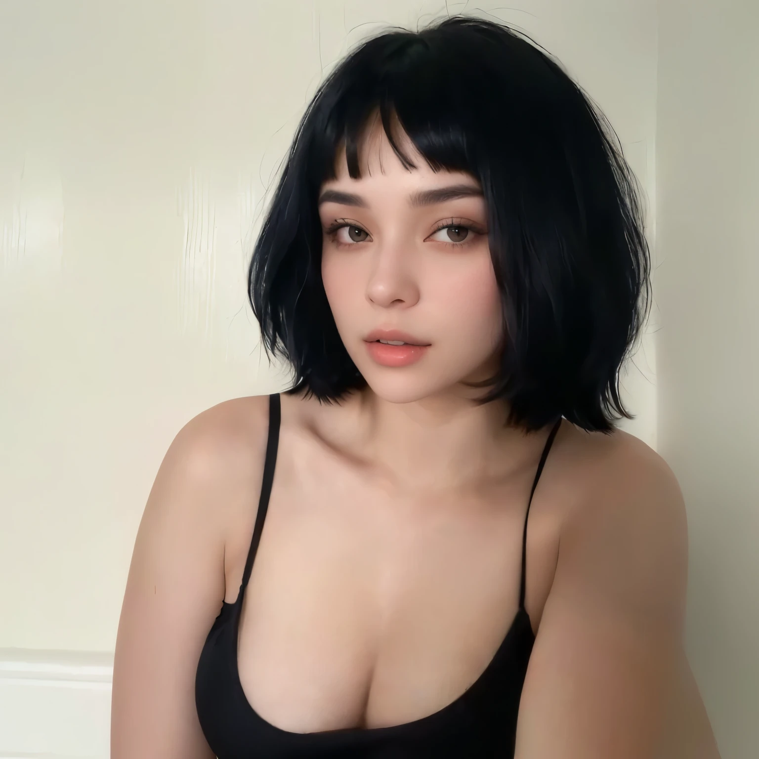 a close up of a woman in a black bra top posing for a picture, she has black hair with bangs, short black hair with bangs, with short hair with bangs, with short hair, she is wearing a black tank top, whitebangsblackhair, short black hair, 2 4  old female model, black bob hair, black bob cut hair