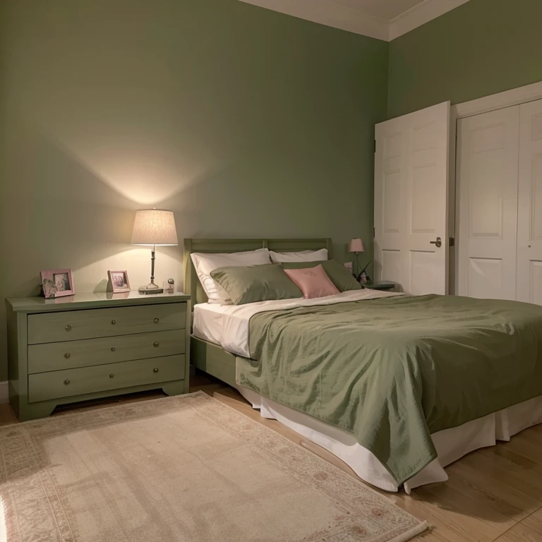 An olive green room, con una cama rosa con un escritorio esquinero 