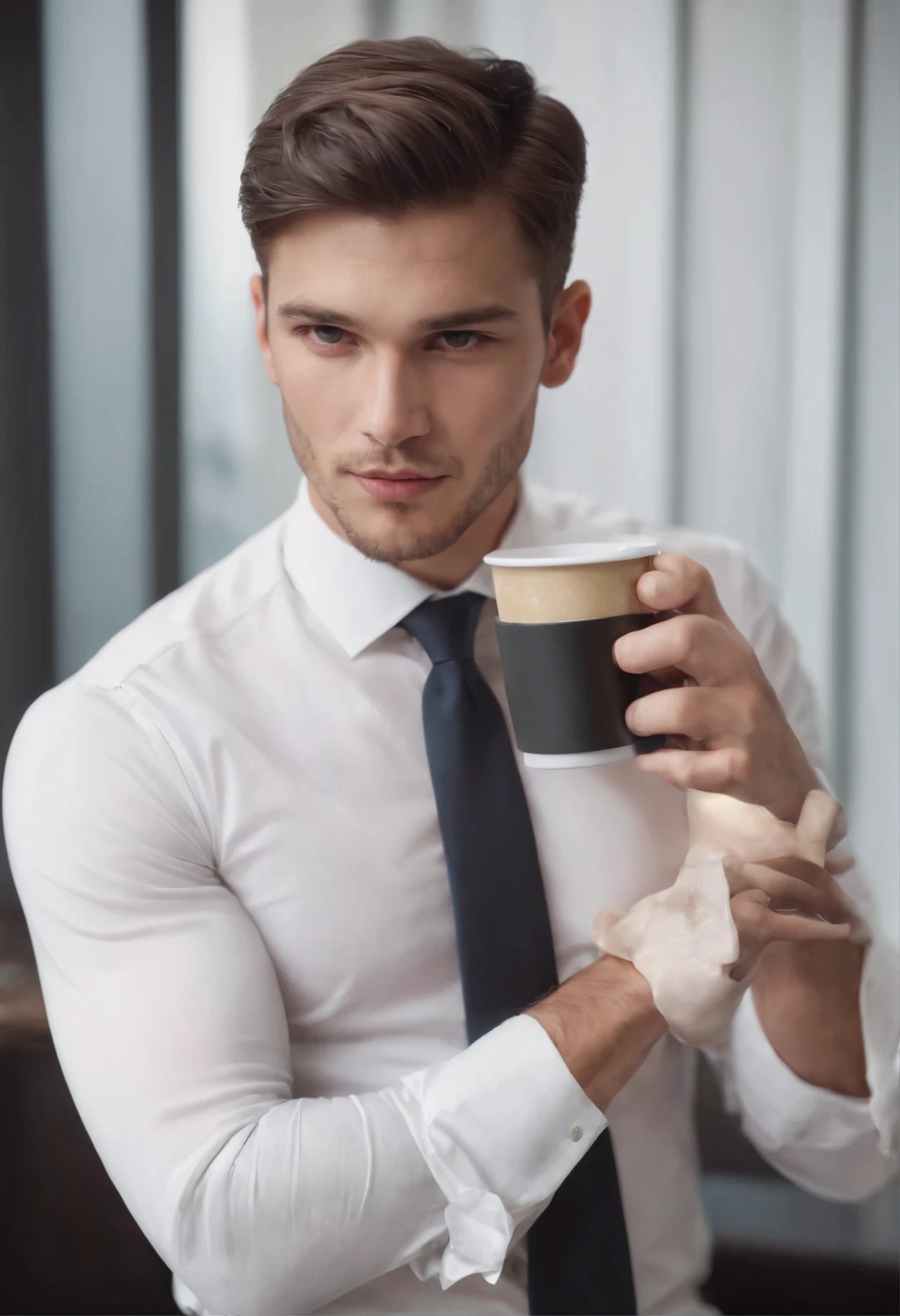 1man,
a 20 y.o muscular male wearing long-sleeve white shirt and tie, drinking coffee,
soft lighting,
masterpiece, best quality, 8k uhd, dslr, film grain, Fujifilm XT3 photorealistic painting art by midjourney and greg rutkowski
