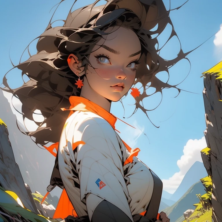 (masterpiece, top quality, 8K wallpaper, high resolution, ultra-realistic), 1girl, solo, full body composition from afar, slender figure: 1.1, (beautiful face like a doll: 1.5), beautiful face, beautiful eyes, detailed face, detailed eyes, detailed nose, detailed mouth, (long hair in the wind: 1.5), (bangs: 1.5), black eyes, mountain girl style, backpacker, mountaineer, mountain view from the top of the mountain, Walking on a mountain trail, (self-portrait: 1.5) T-shirt, long pants, climbing, wearing trekking boots, natural landscape photos; mountain climbing; spectacular summer mountain scenery with rugged mountain ranges in the distance, with a wonderful contrast of blue sky and white clouds. Camera = "Sony a7 IV";Lens="Tamron 28-200mm f/2.8-5.6 Di III RXD";" Aperture = f/6.3";" Shutter speed = 1/1600 sec";" ISO=100";