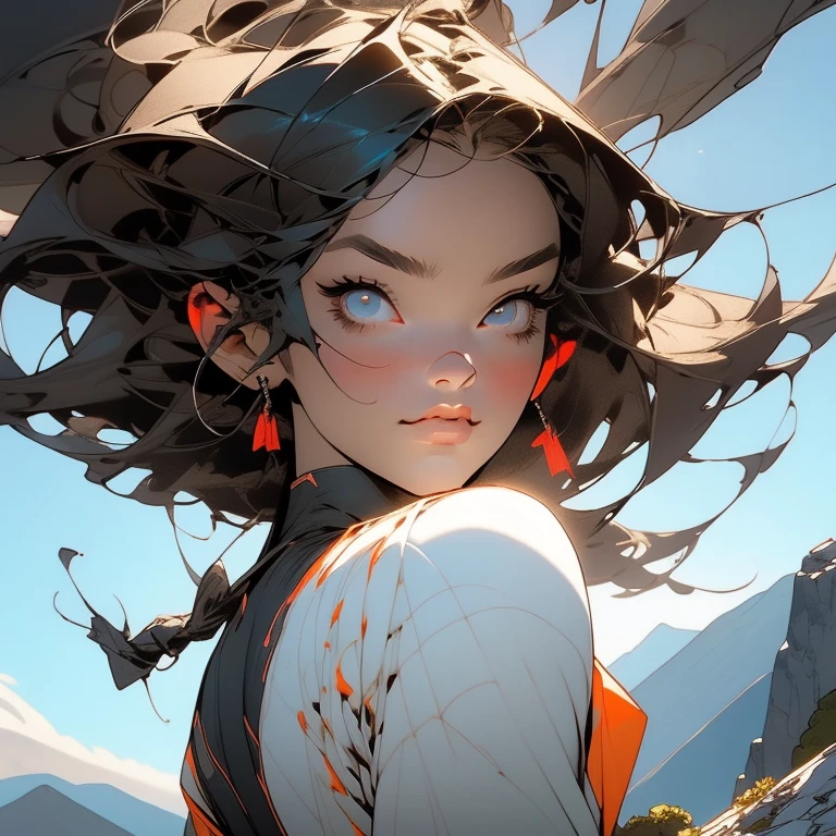 (masterpiece, top quality, 8K wallpaper, high resolution, ultra-realistic), 1girl, solo, full body composition from afar, slender figure: 1.1, (beautiful face like a doll: 1.5), beautiful face, beautiful eyes, detailed face, detailed eyes, detailed nose, detailed mouth, (long hair in the wind: 1.5), (bangs: 1.5), black eyes, mountain girl style, backpacker, mountaineer, mountain view from the top of the mountain, Walking on a mountain trail, (self-portrait: 1.5) T-shirt, long pants, climbing, wearing trekking boots, natural landscape photos; mountain climbing; spectacular summer mountain scenery with rugged mountain ranges in the distance, with a wonderful contrast of blue sky and white clouds. Camera = "Sony a7 IV";Lens="Tamron 28-200mm f/2.8-5.6 Di III RXD";" Aperture = f/6.3";" Shutter speed = 1/1600 sec";" ISO=100";
