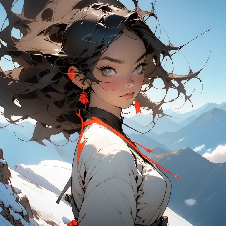 (masterpiece, top quality, 8K wallpaper, high resolution, ultra-realistic), 1girl, solo, full body composition from afar, slender figure: 1.1, (beautiful face like a doll: 1.5), beautiful face, beautiful eyes, detailed face, detailed eyes, detailed nose, detailed mouth, (long hair in the wind: 1.5), (bangs: 1.5), black eyes, mountain girl style, backpacker, mountaineer, mountain view from the top of the mountain, Walking on a mountain trail, (self-portrait: 1.5) T-shirt, long pants, climbing, wearing trekking boots, natural landscape photos; mountain climbing; spectacular summer mountain scenery with rugged mountain ranges in the distance, with a wonderful contrast of blue sky and white clouds. Camera = "Sony a7 IV";Lens="Tamron 28-200mm f/2.8-5.6 Di III RXD";" Aperture = f/6.3";" Shutter speed = 1/1600 sec";" ISO=100";