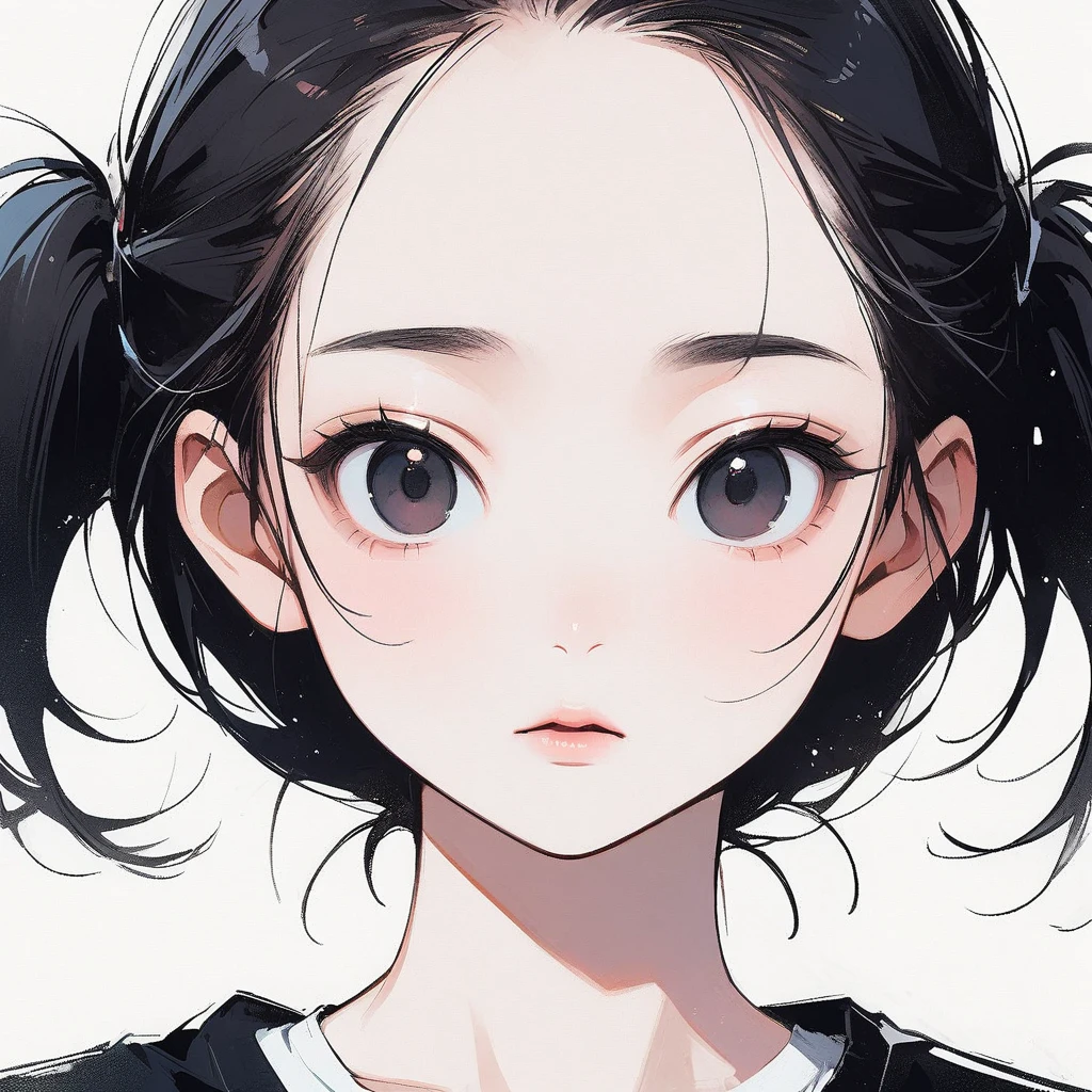 Pigtails, slim, pale, pure, simple, white background, face close-up, black hair, black eyes, straight bangs, asian eyes, slanted eyes, small eyes