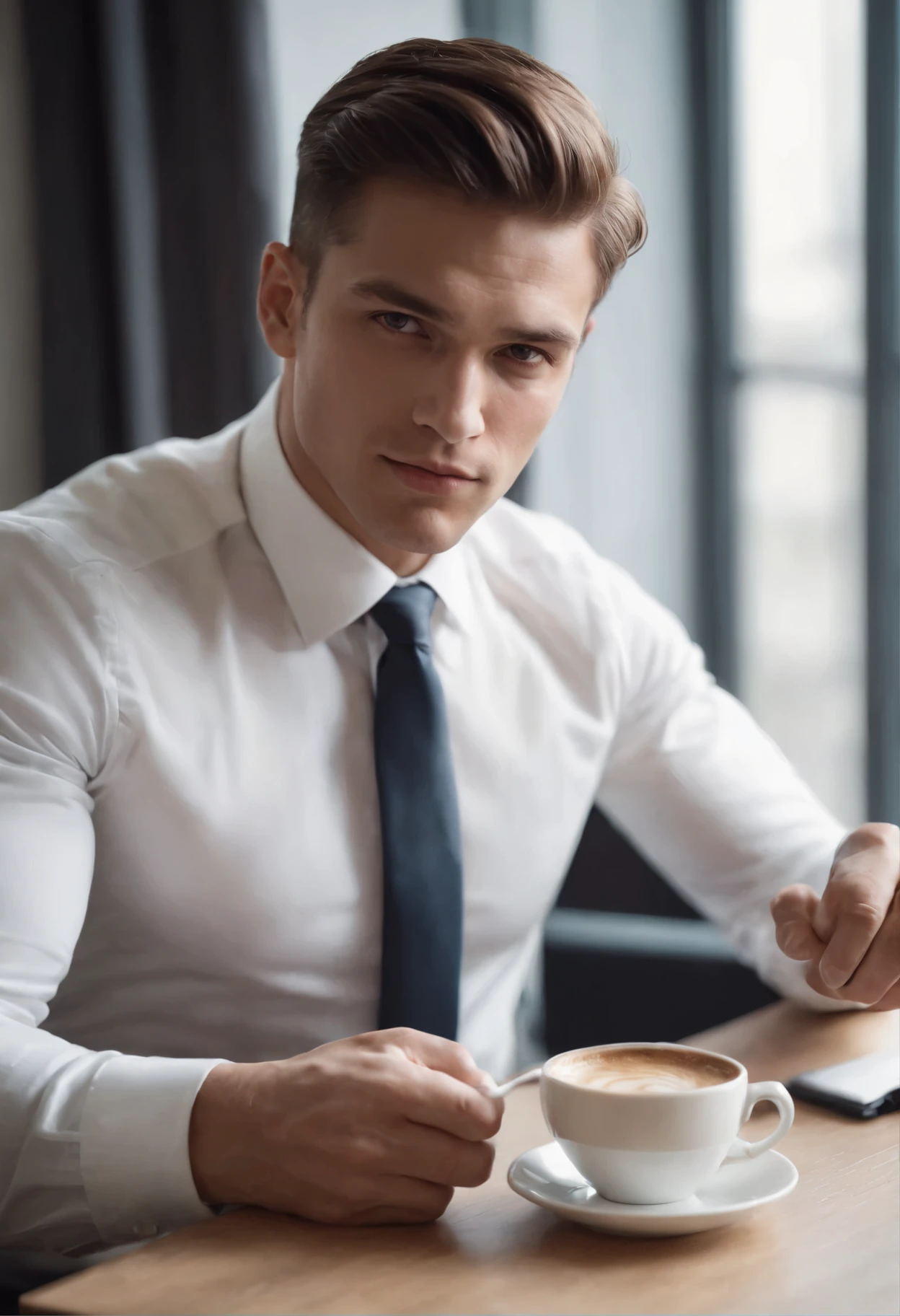 1man,
a 20 y.o muscular male wearing long-sleeve white shirt and tie, drinking coffee,
soft lighting,
masterpiece, best quality, 8k uhd, dslr, film grain, Fujifilm XT3 photorealistic painting art by midjourney and greg rutkowski