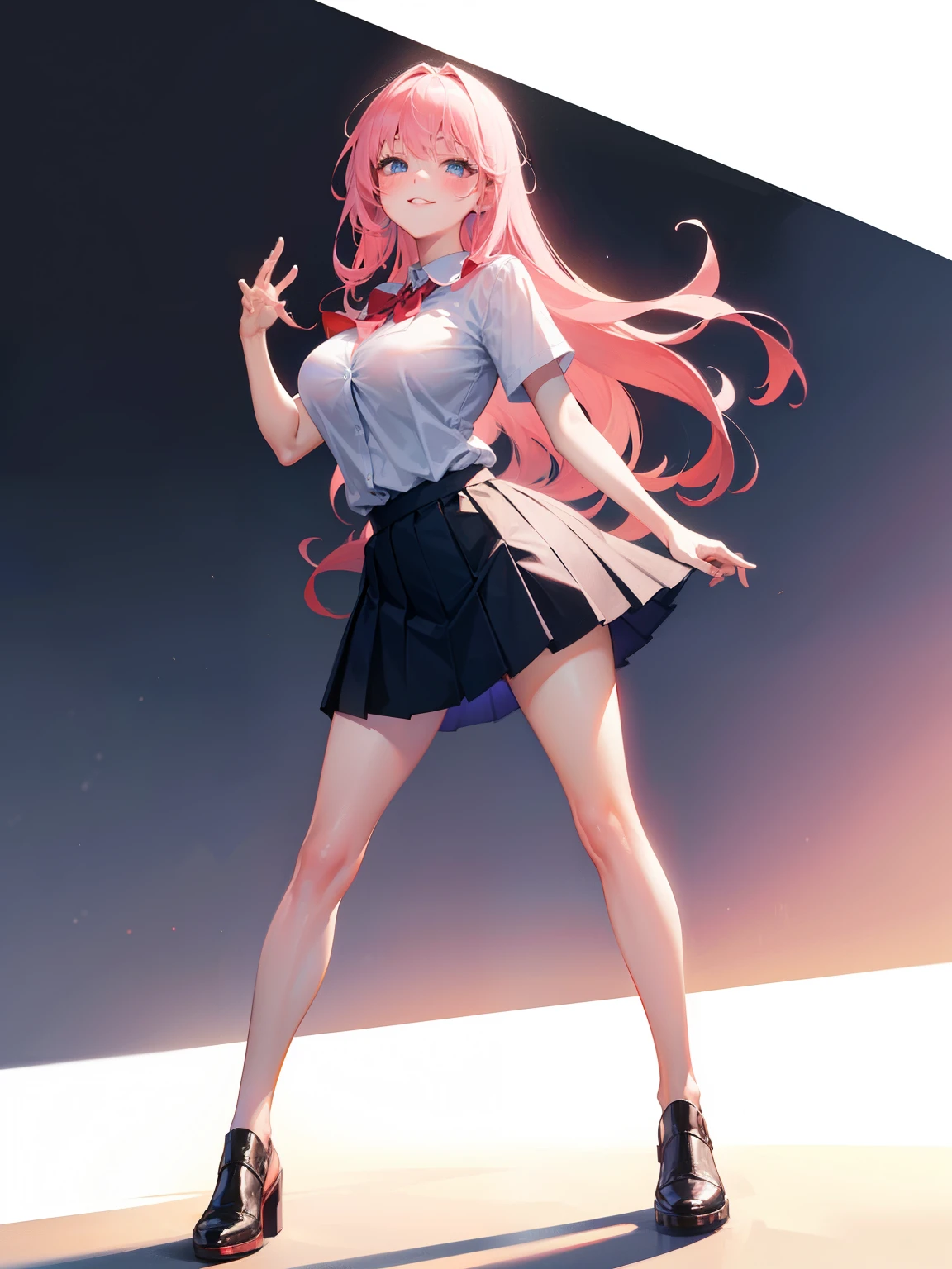 one youg girl, long Pink hair, blue eyes,with blush cheeks,Show Legs, large full breasts,(full-body view), Pretty Face, smilling, school shirt and skirt, (empty background), erotic posing,Dynamic posing,Arrange pose,dramatic, simple pose