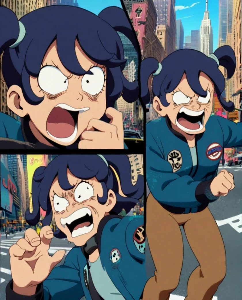 1boy, dark blue hair, short curly hair, hair two side up, crazy eyes, angry screaming, Blue Techwear Jacket , Brown Pant, New York City, Style of Futurama 