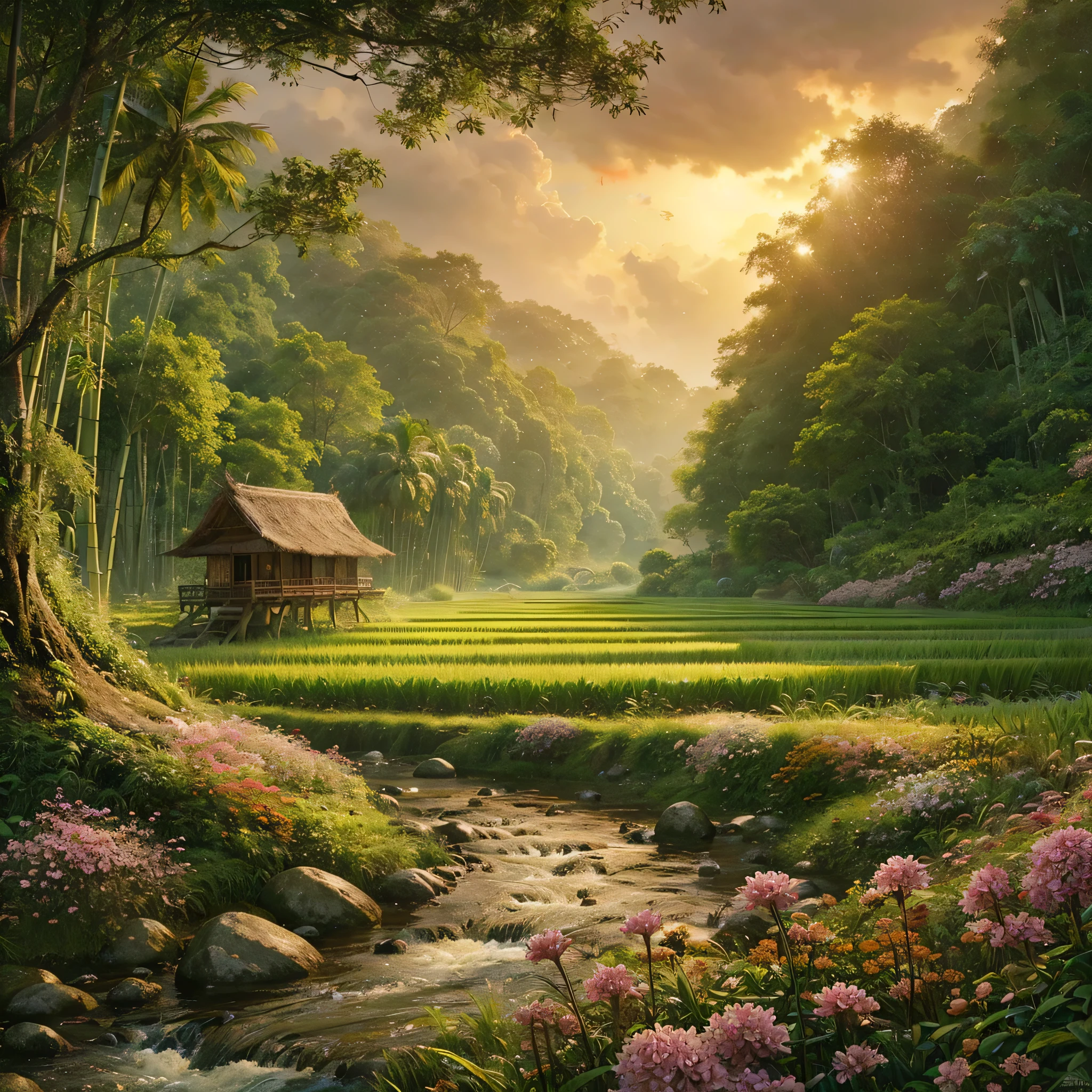 romantic scene, paddy field surrounded by dense tropical forest, small stream, flowers along the riverbank, single bamboo hut, intricate detail, eye catching ambience, Frank Frazetta, ultra hd, realistic, vivid colors, highly detailed, UHD drawing, pen and ink, perfect composition, beautiful detailed intricate insanely detailed octane render trending on artstation, 8k artistic photography, photorealistic concept art, soft natural volumetric cinematic perfect light