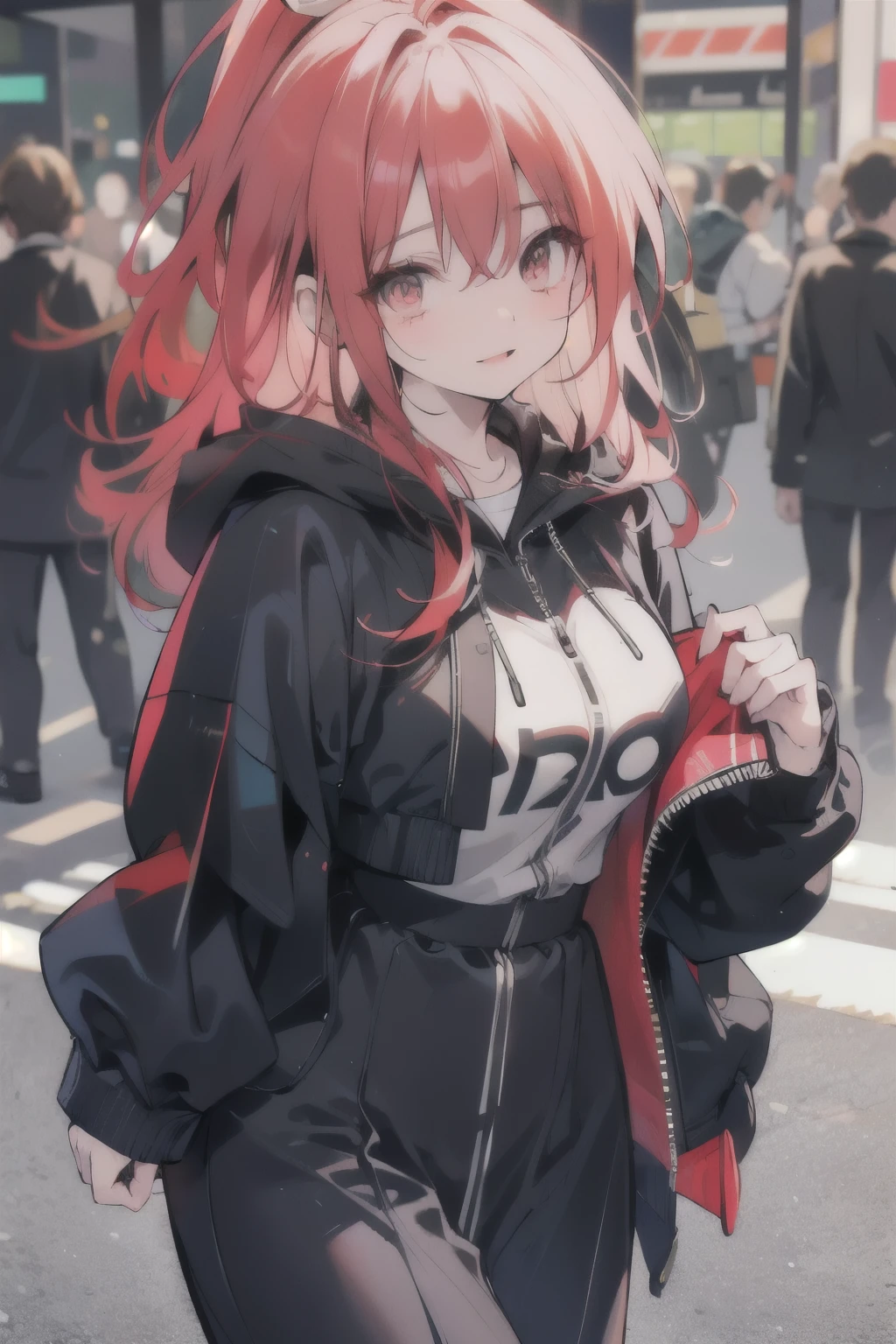 a scared and embarrassed redheaded woman, hair in a ponytail, her bright eyes super detailed, full lips painted red, chiseled physique and wide hips. She wears a closed black leather jumpsuit, whose shiny surface accentuates her shape. A windbreaker with a hood and a neon pink interior covers your shoulders and a pleased skirt. Walking down a busy street, she attracts glances from onlookers. This image exudes realism, capturing the essence of a fragile and embarrassed figure. Digital art, high definition and photorealistic technique