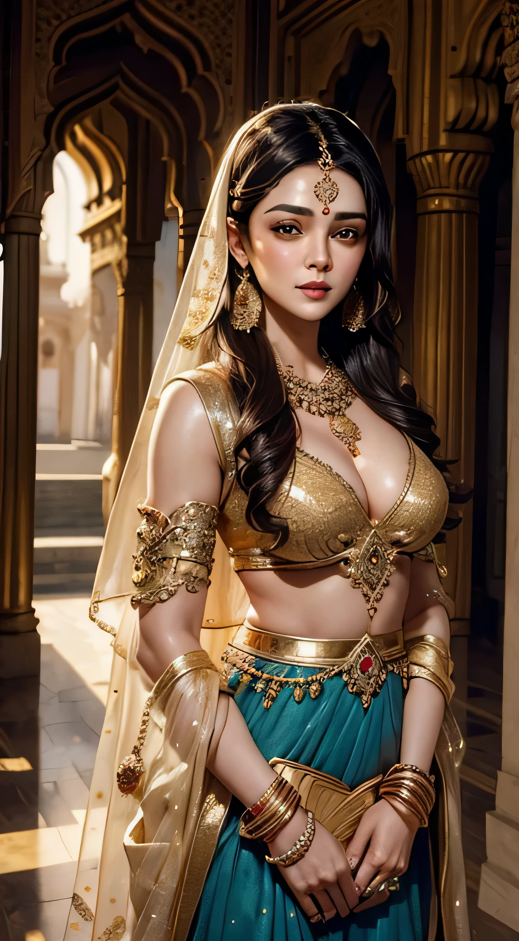 Preity Zinta, as 21 years old beautiful woman, wearing an ornate dark ghagra and a long blouse, eye mascara, eye shadows, long eye lashes, gold jewellery , large breasts, standing in a palace, upper body, front view, closeup, pubic hair visible