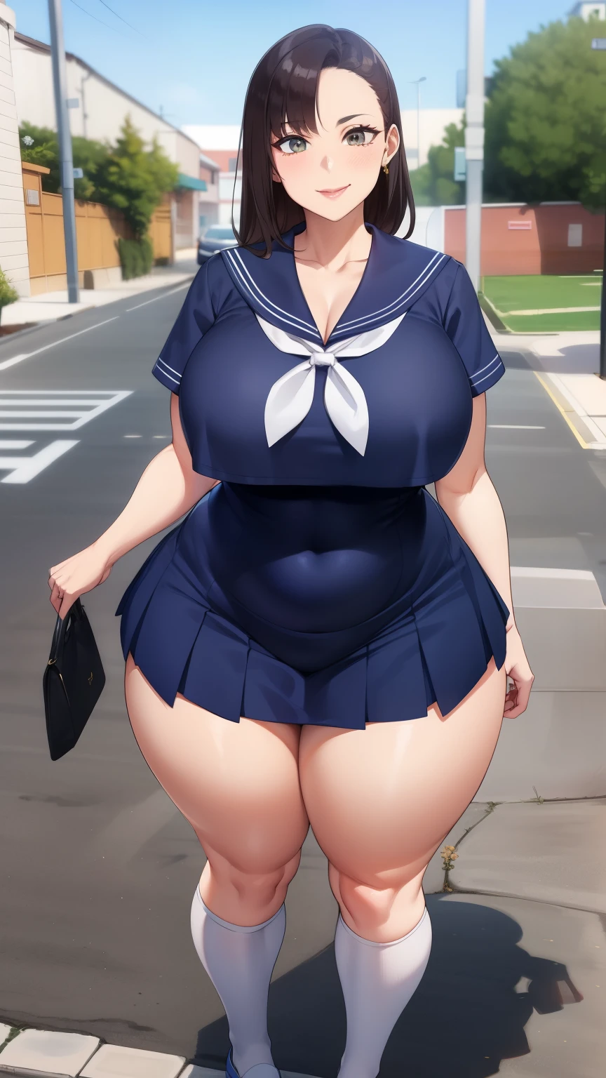Large Breasts, Big Hips,Full Body Shot, Mature mother, Whipping the lower body, plump thighs, Ample calves, Seductive mature woman, Perfect body, Plus Size Model,high school girl,Sailor suit, The skirt is short,Mature woman wearing Sailor suit,